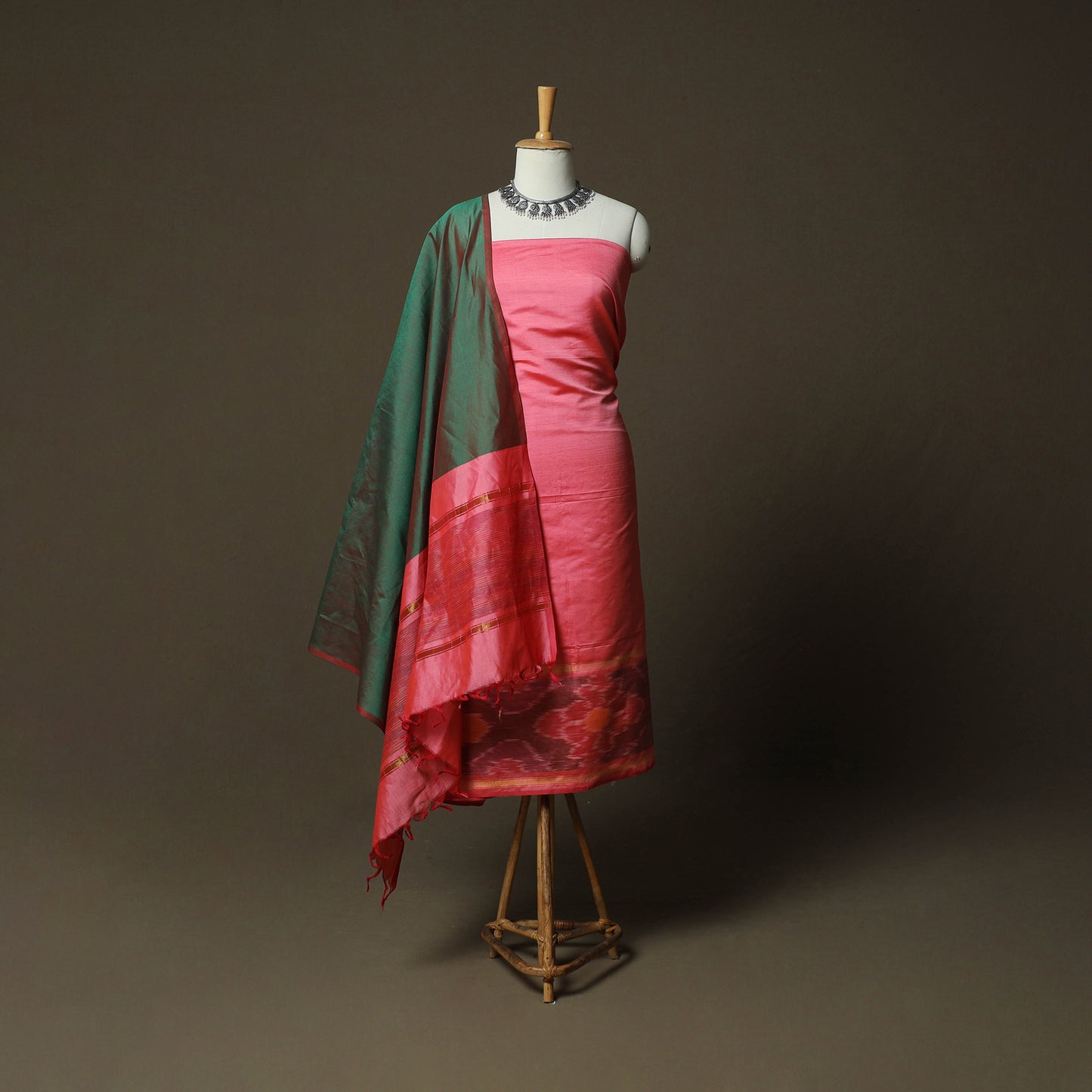 Pink - Pochampally Ikat Silk Cotton 3pc Unstitched Dress Material Suit Set 38