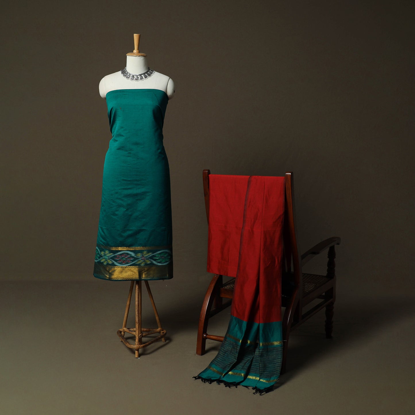 Green - Pochampally Ikat Silk Cotton 3pc Unstitched Dress Material Suit Set 40