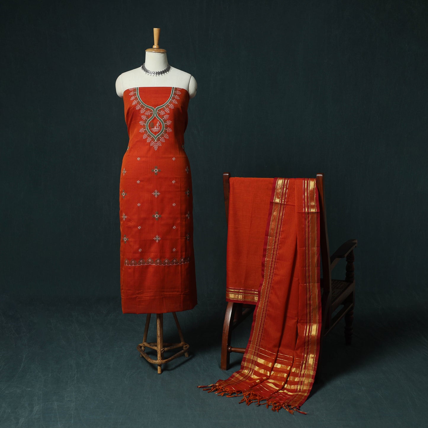 Red - Ilkal Kasuti Embroidery Cotton 3pc Unstitched Dress Material Suit Set 01