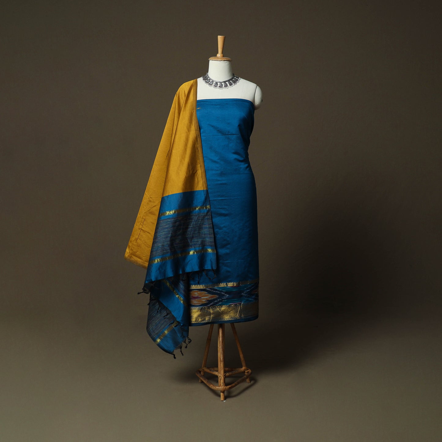 Blue - Pochampally Ikat Silk Cotton 3pc Unstitched Dress Material Suit Set 42