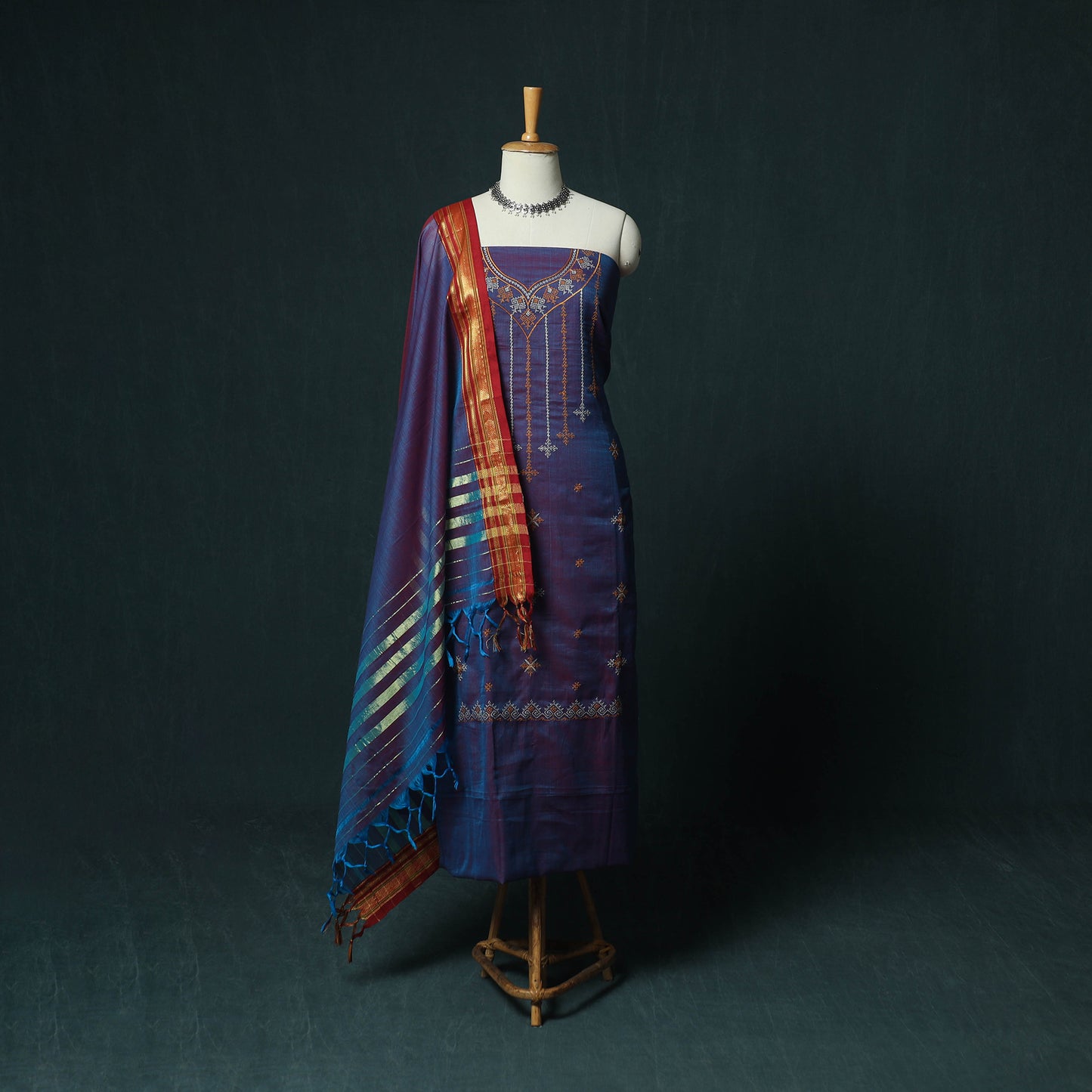 Purple - Ilkal Kasuti Embroidery Cotton 3pc Unstitched Dress Material Suit Set 02