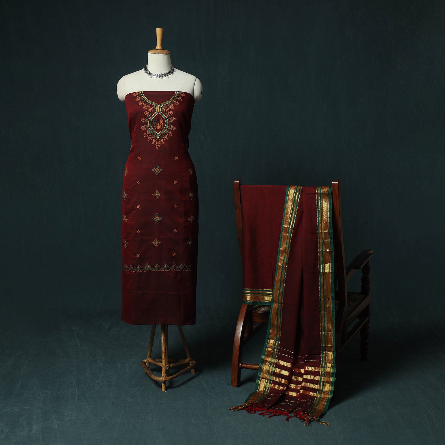 Maroon - Ilkal Kasuti Embroidery Cotton 3pc Unstitched Dress Material Suit Set 03