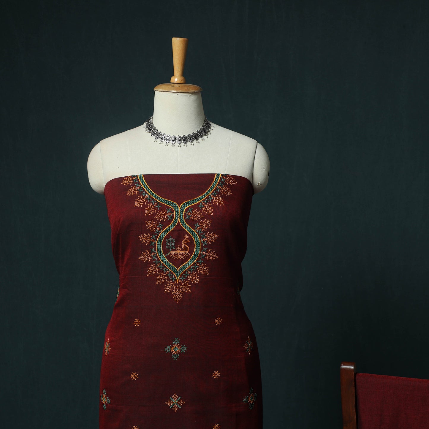 Maroon - Ilkal Kasuti Embroidery Cotton 3pc Unstitched Dress Material Suit Set 03