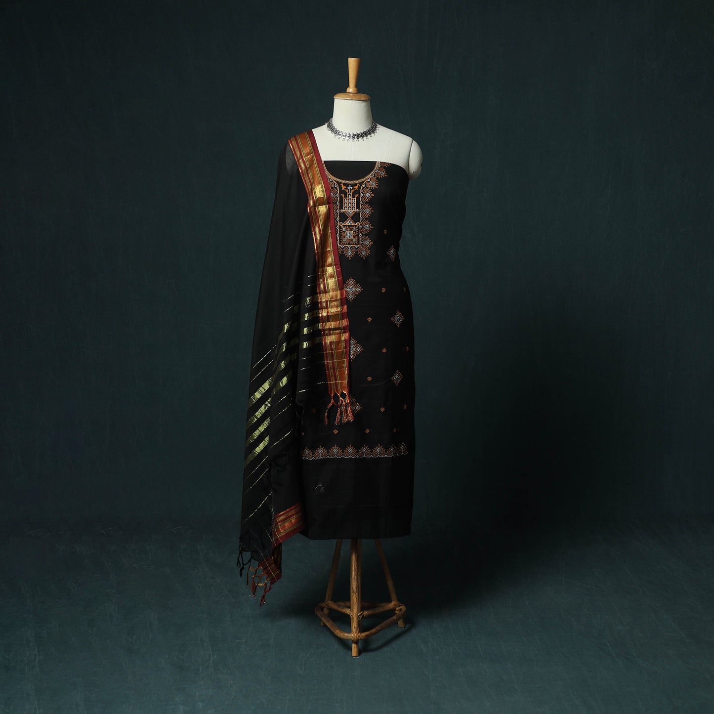 Black - Ilkal Kasuti Embroidery Cotton 3pc Unstitched Dress Material Suit Set 07