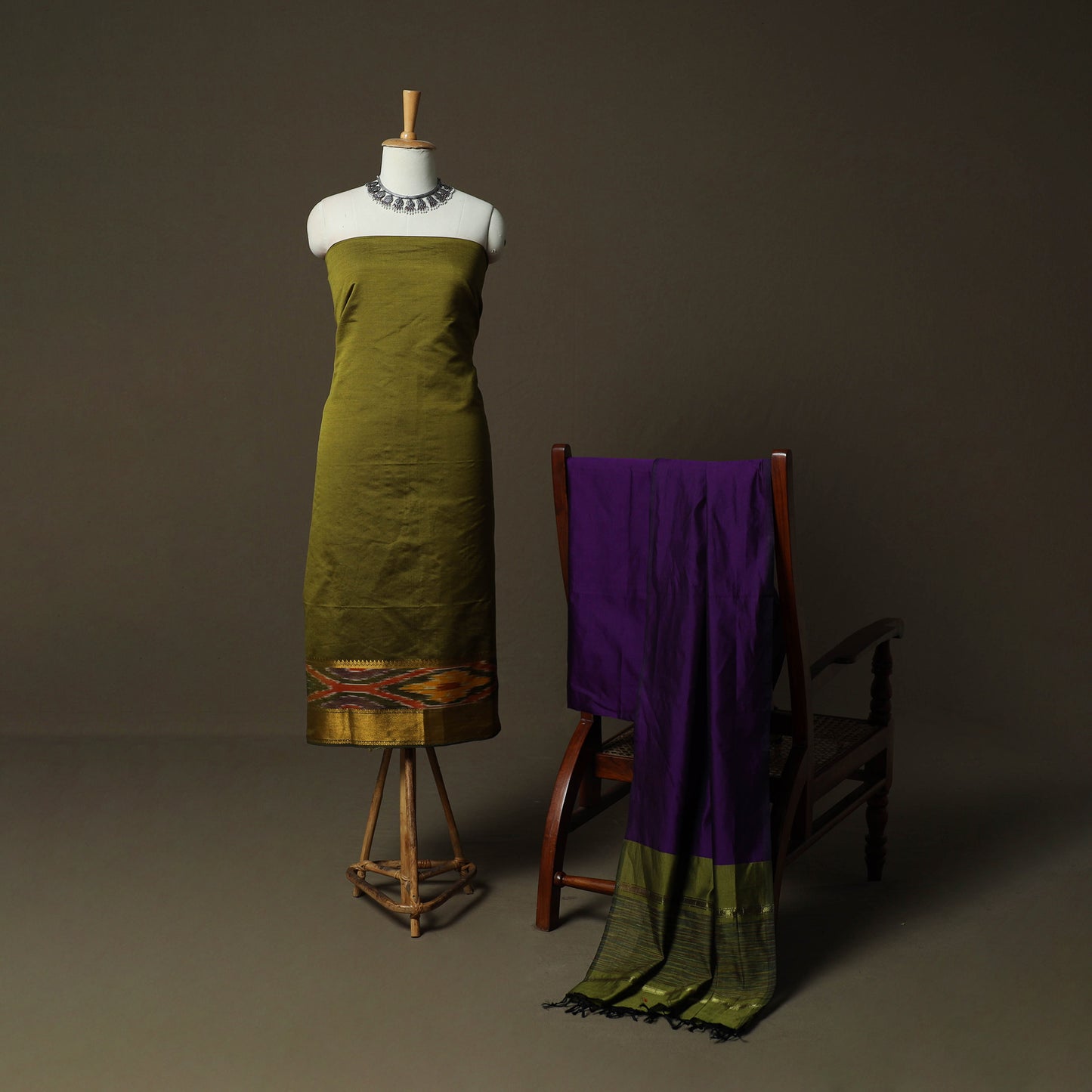 Pochampally Ikat Silk Cotton 3pc Unstitched Dress Material Suit Set 50