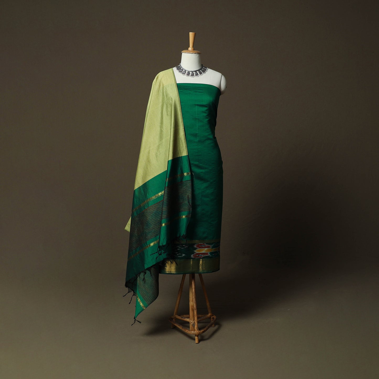 Green - Pochampally Ikat Silk Cotton 3pc Unstitched Dress Material Suit Set 51