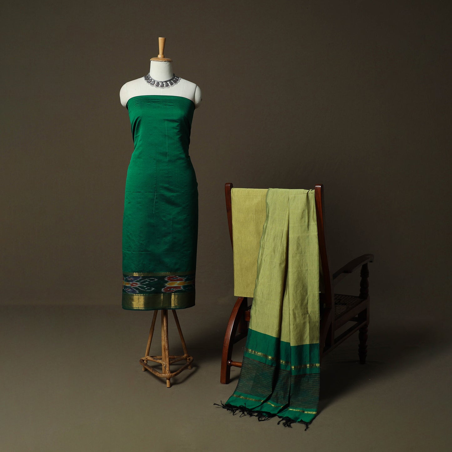 Green - Pochampally Ikat Silk Cotton 3pc Unstitched Dress Material Suit Set 51