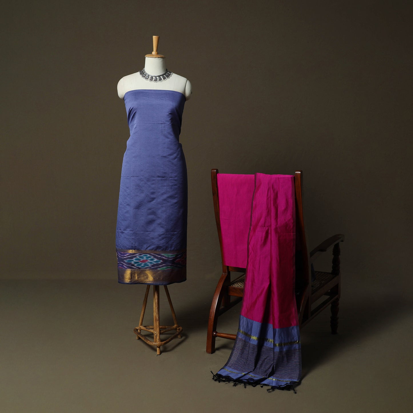 Blue - Pochampally Ikat Silk Cotton 3pc Unstitched Dress Material Suit Set 56