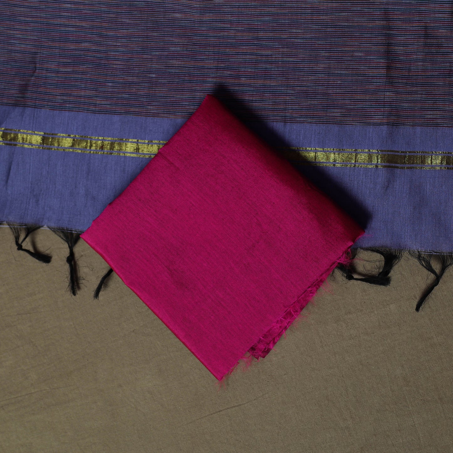 Blue - Pochampally Ikat Silk Cotton 3pc Unstitched Dress Material Suit Set 56