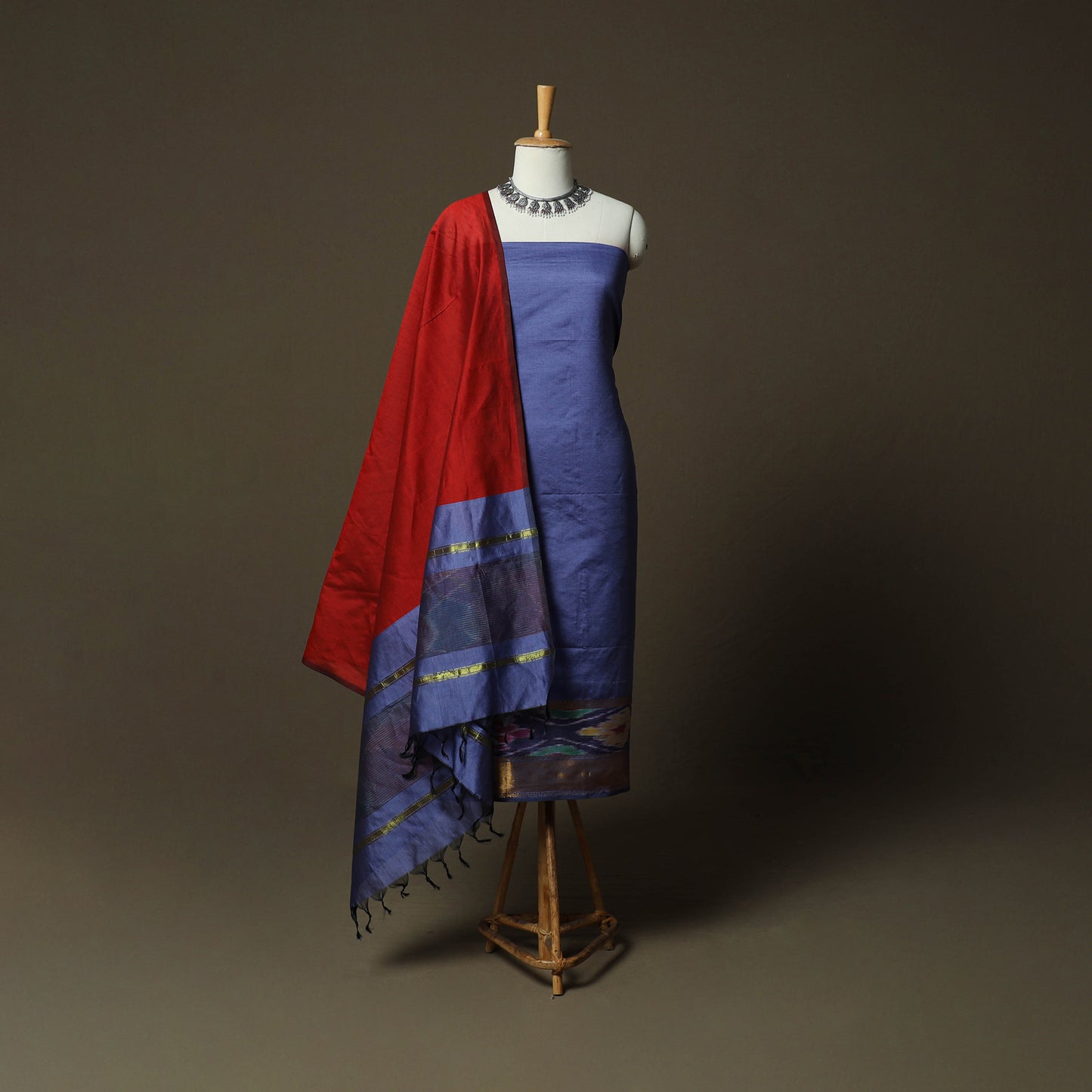 Blue - Pochampally Ikat Silk Cotton 3pc Unstitched Dress Material Suit Set 57