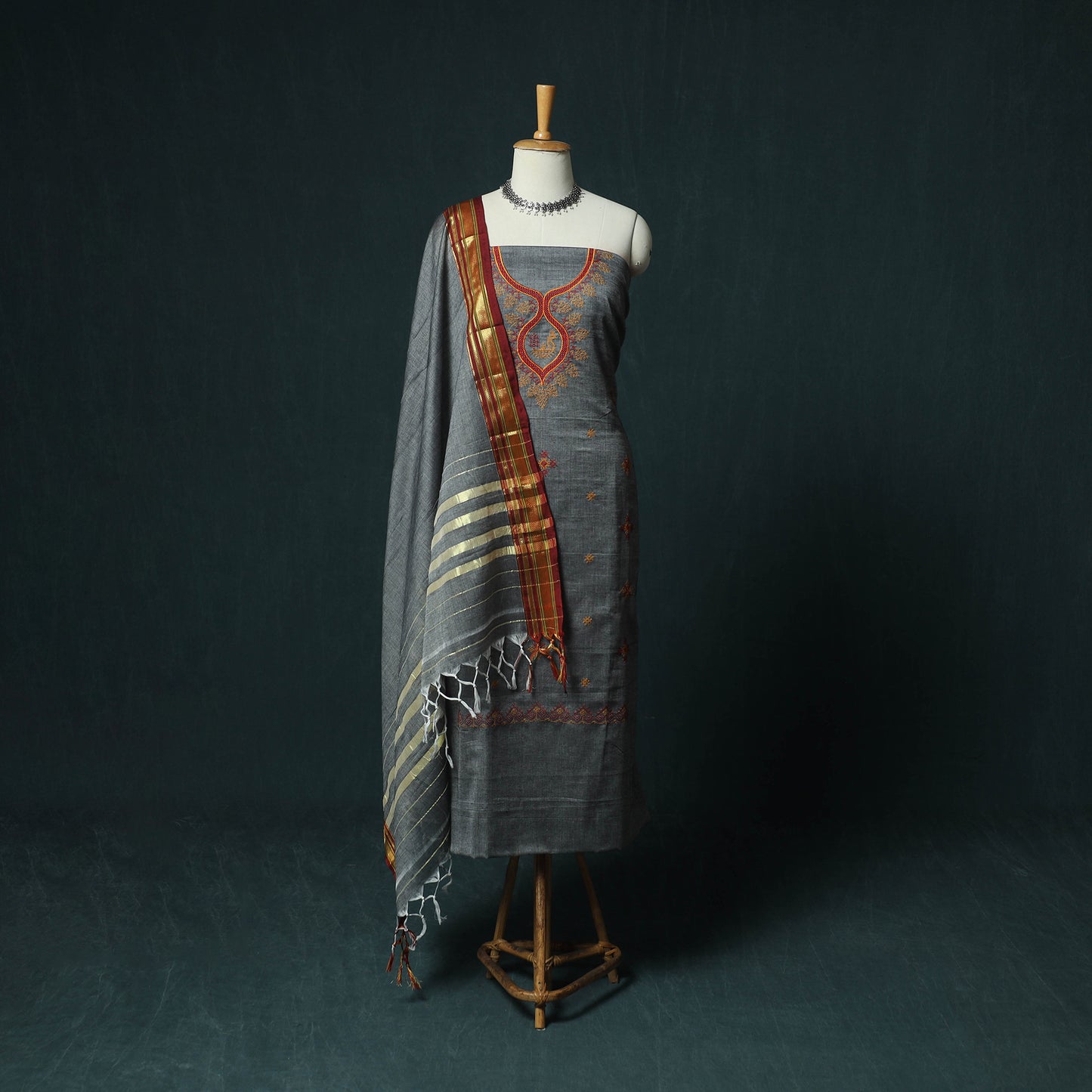 Grey - Ilkal Kasuti Embroidery Cotton 3pc Unstitched Dress Material Suit Set 14