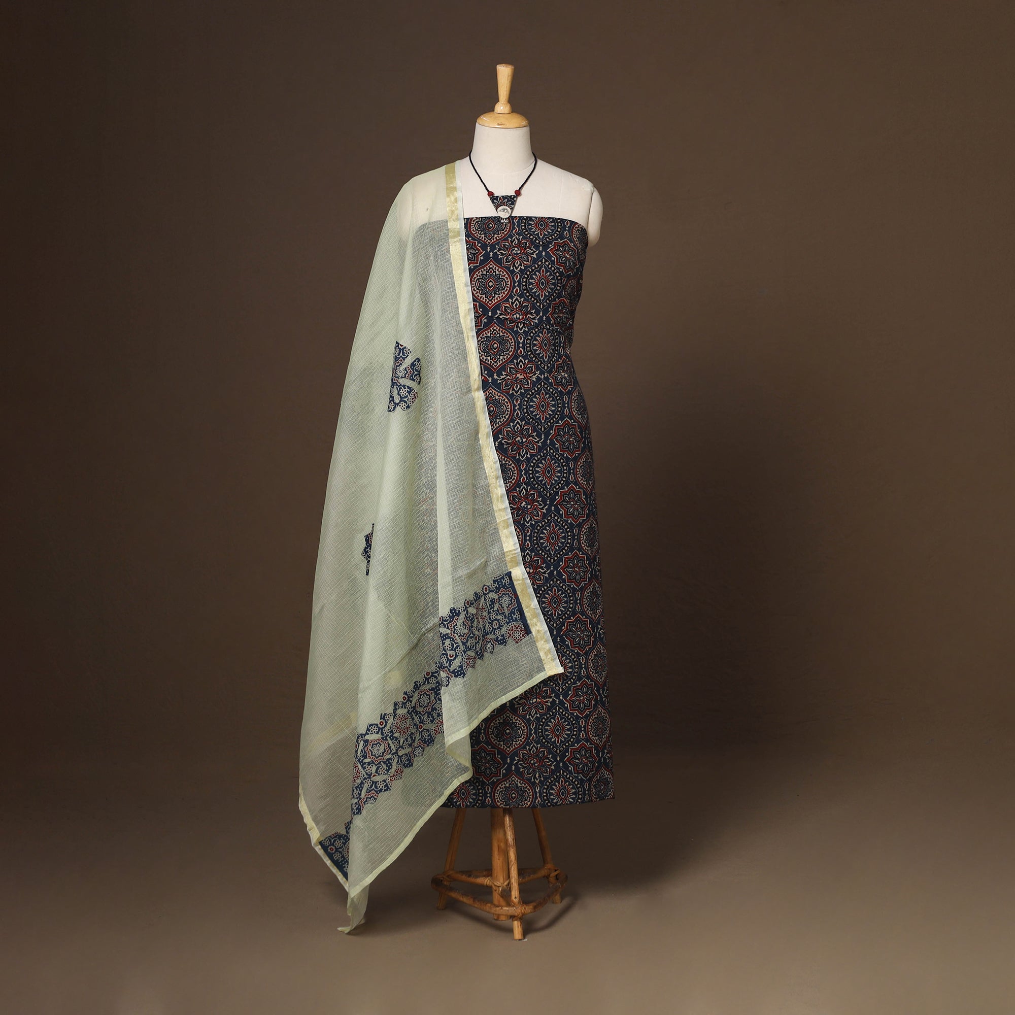 Blue - Vidarbha Tussar x Muga Silk Handloom Plain 2pc Unstitched Dress Material with Jewellery Set 16