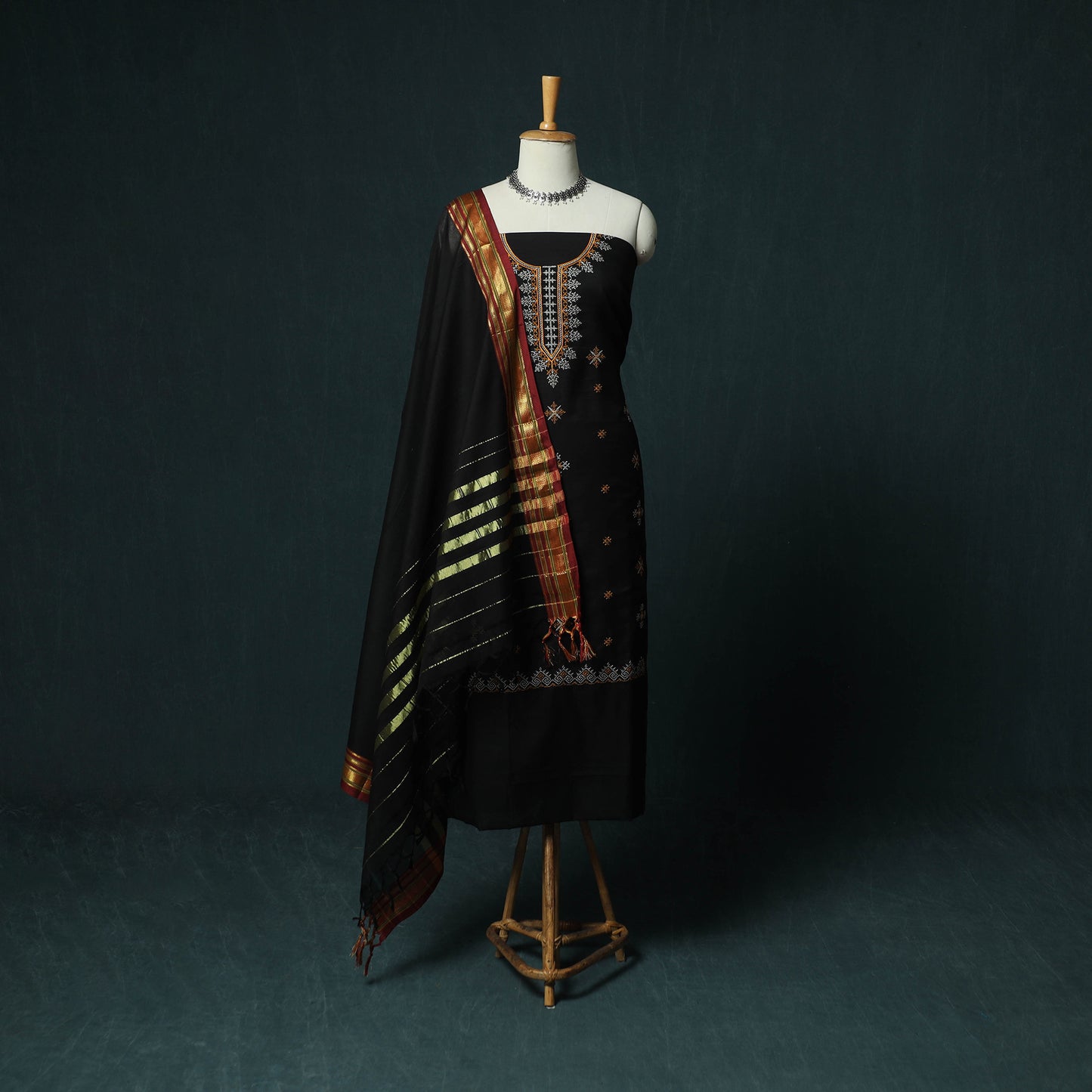 Black - Ilkal Kasuti Embroidery Cotton 3pc Unstitched Dress Material Suit Set 16
