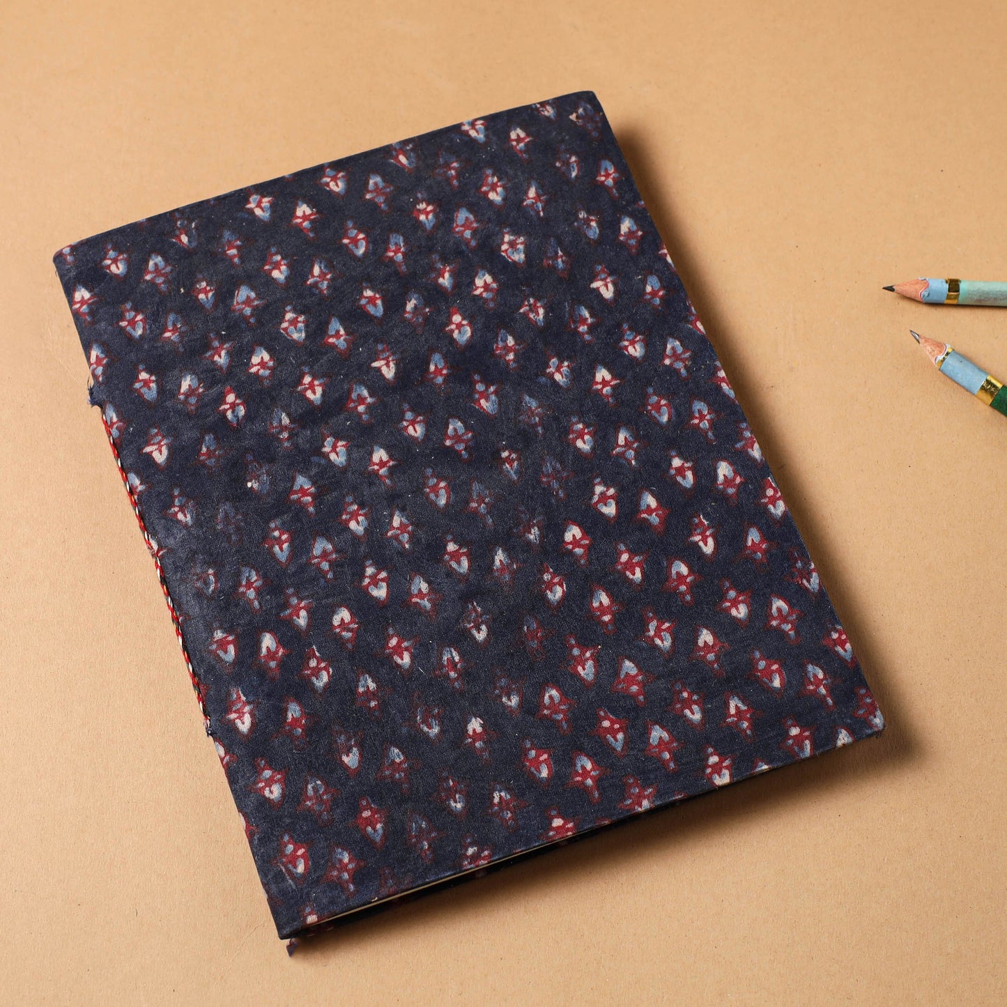 Black - bagru fabric cover handmade paper notebook (9 x 7