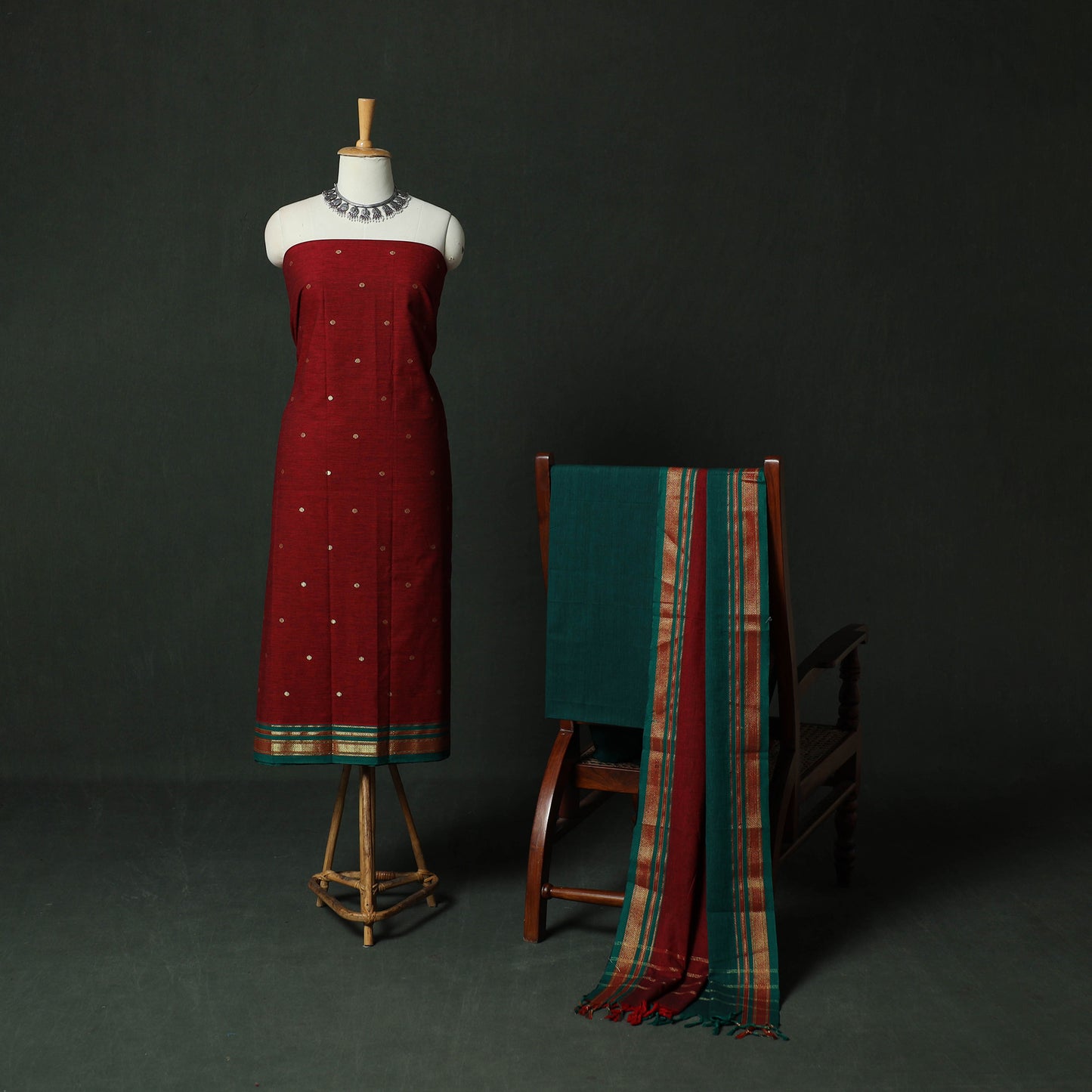 Maroon - Dharwad Cotton 3pc Unstitched Dress Material Suit Set with Woven Zari Buti Border 01