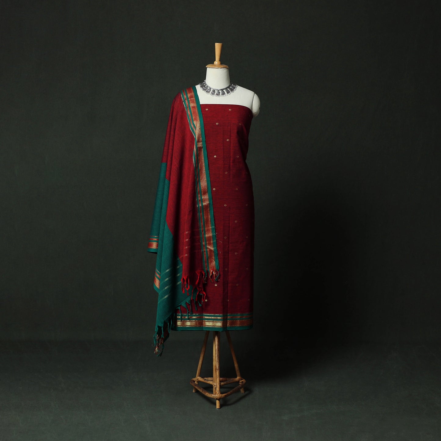 Maroon - Dharwad Cotton 3pc Unstitched Dress Material Suit Set with Woven Zari Buti Border 01