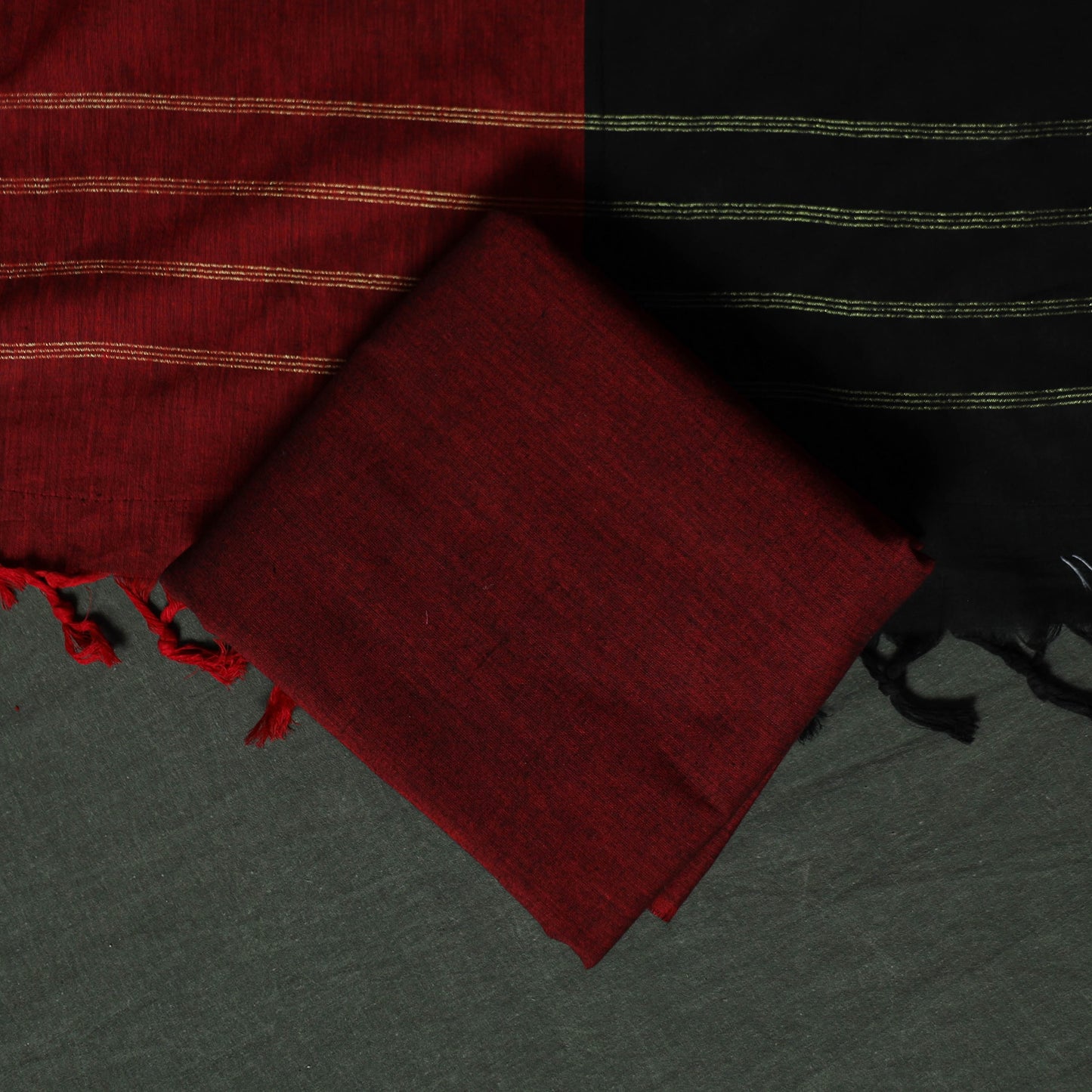 Black - Dharwad Cotton 3pc Unstitched Dress Material Suit Set with Woven Zari Buti Border 02
