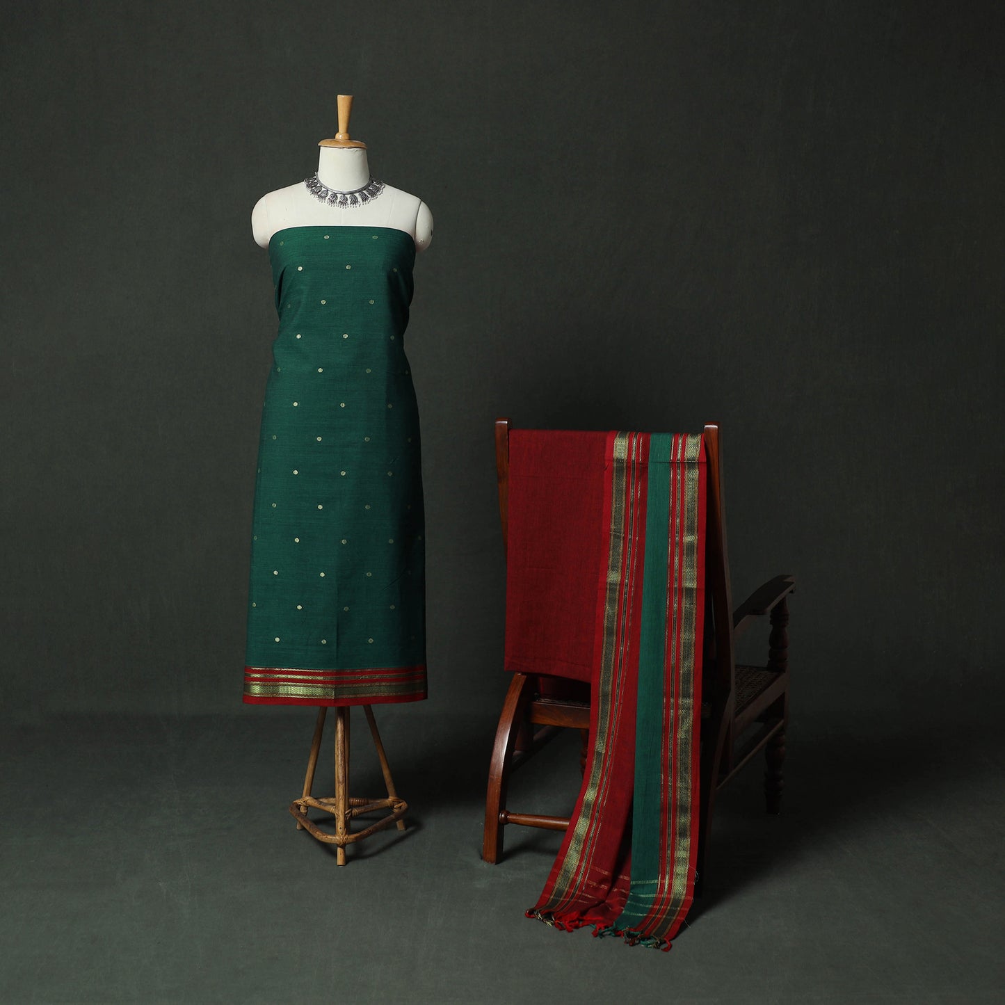 Green - Dharwad Cotton 3pc Unstitched Dress Material Suit Set with Woven Zari Buti Border 03