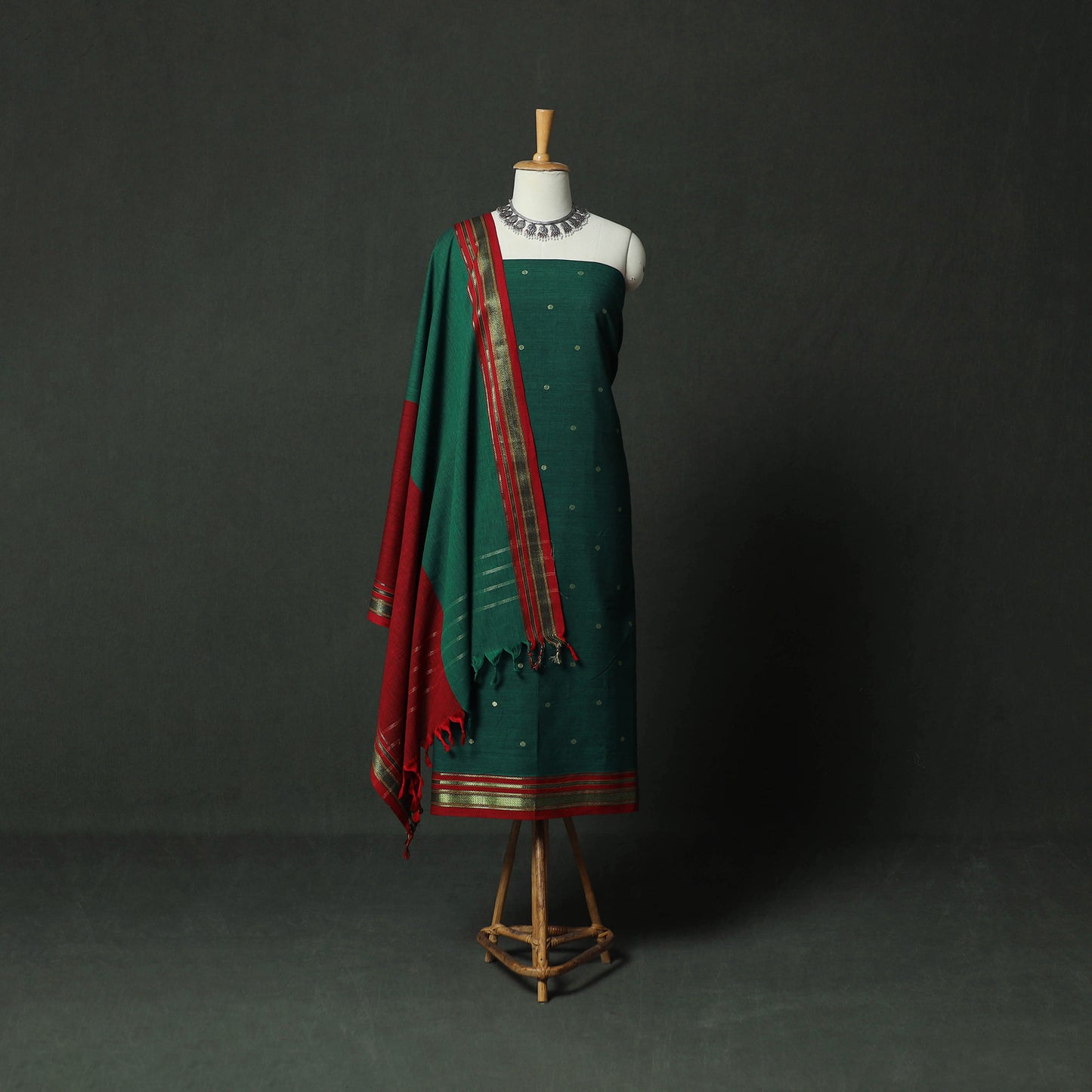 Green - Dharwad Cotton 3pc Unstitched Dress Material Suit Set with Woven Zari Buti Border 03