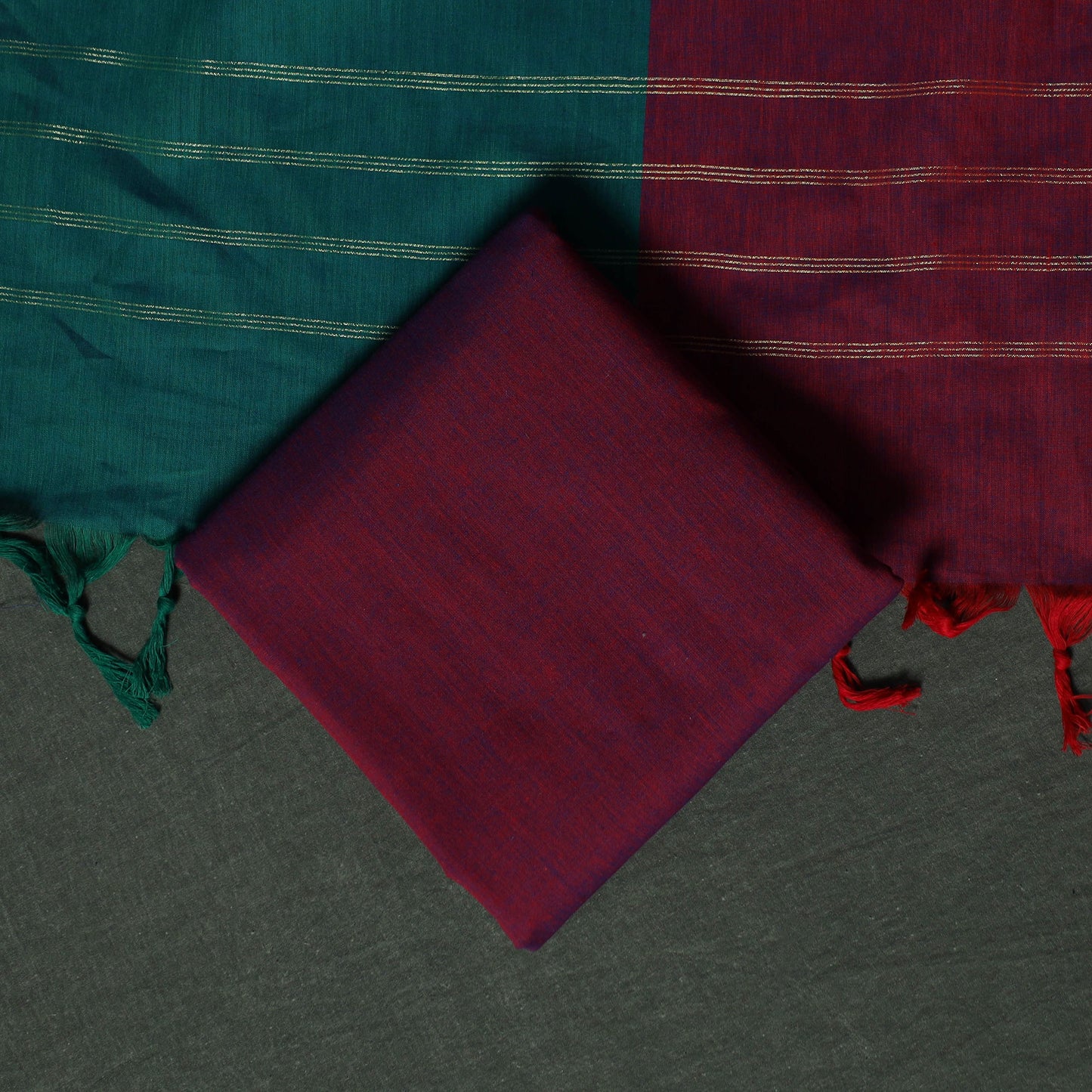 Blue - Dharwad Cotton 3pc Unstitched Dress Material Suit Set with Woven Zari Buti Border 04