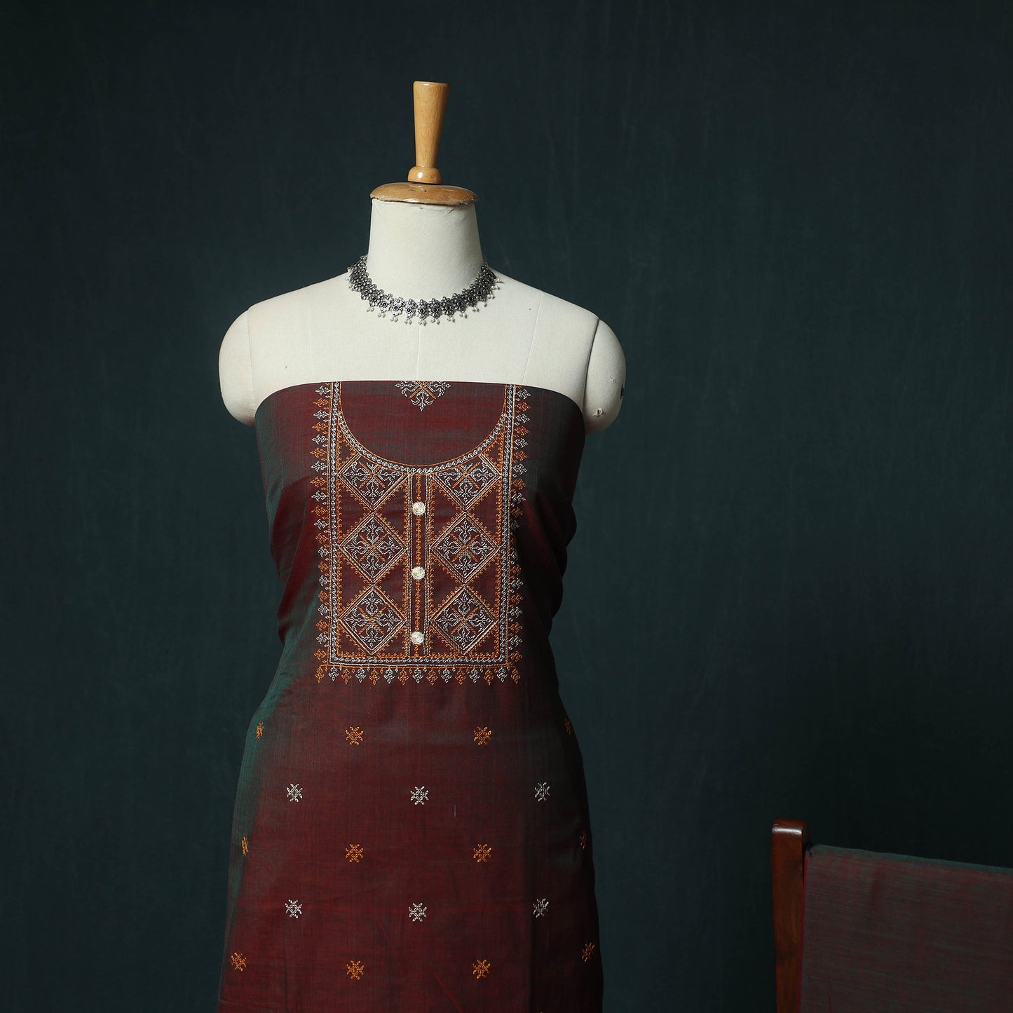 Maroon - Ilkal Kasuti Embroidery Cotton 3pc Unstitched Dress Material Suit Set 23