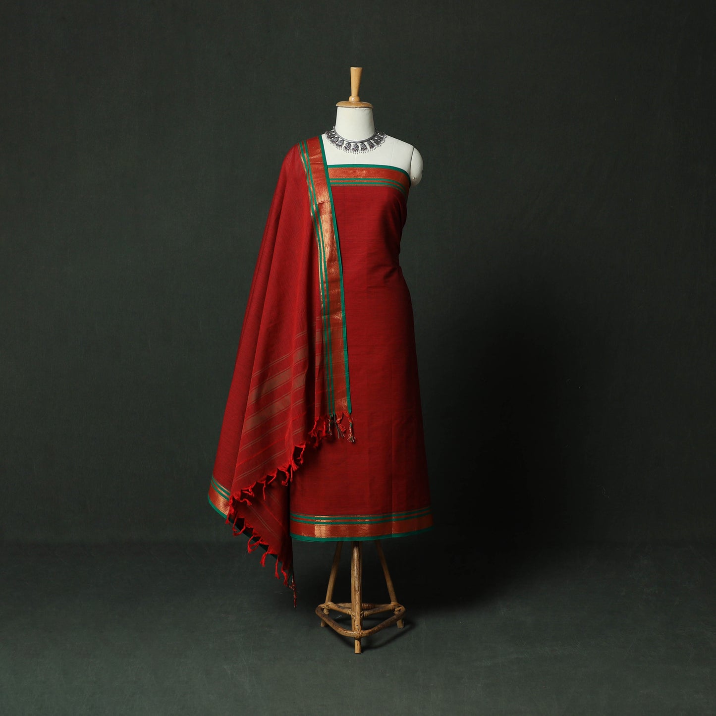 Red - Dharwad Cotton 3pc Unstitched Dress Material Suit Set with Woven Zari Border 05