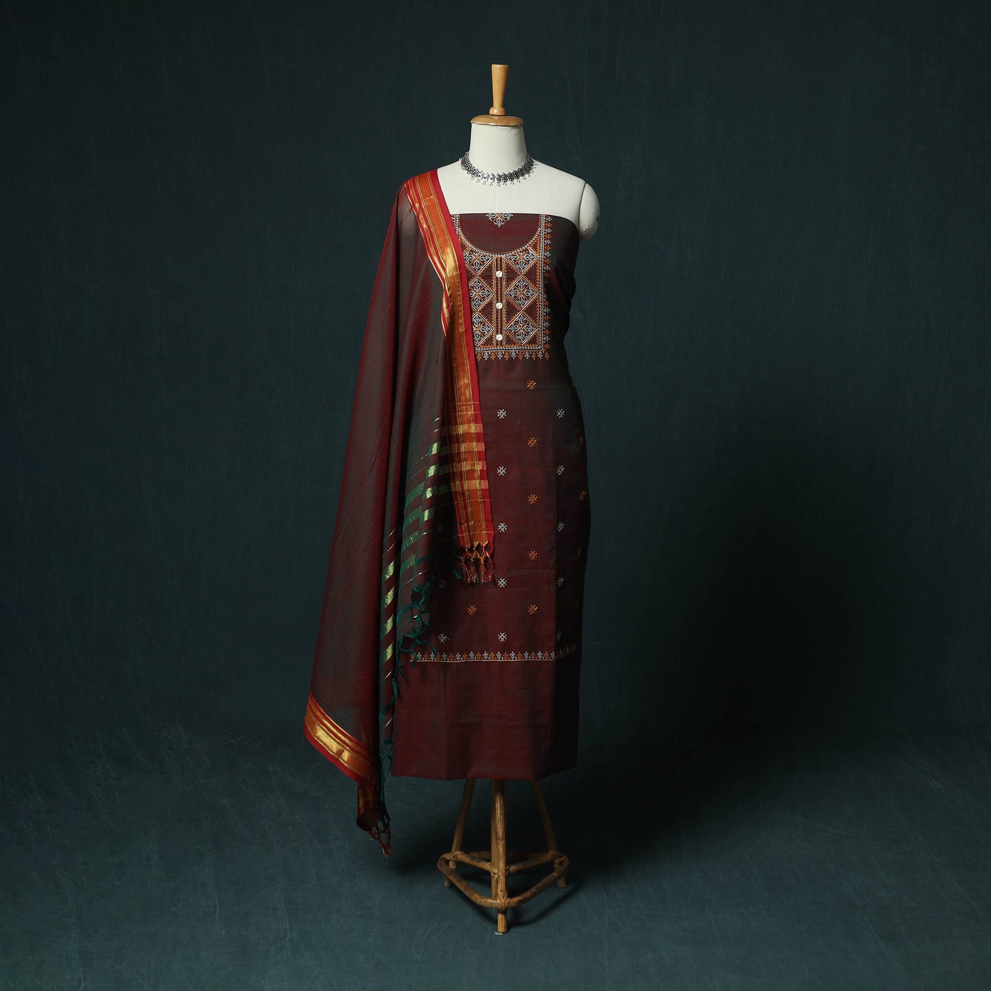 Maroon - Ilkal Kasuti Embroidery Cotton 3pc Unstitched Dress Material Suit Set 23