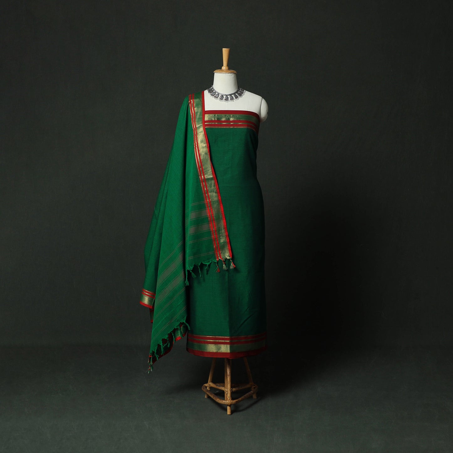 Green - Dharwad Cotton 3pc Unstitched Dress Material Suit Set with Woven Zari Border 06