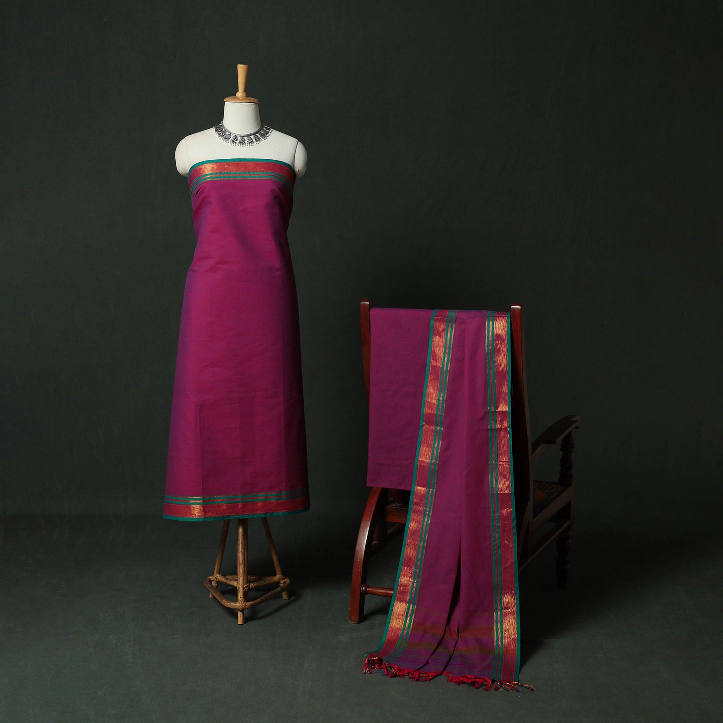 Dharwad Cotton 3pc Unstitched Dress Material Suit Set with Woven Zari Border 07