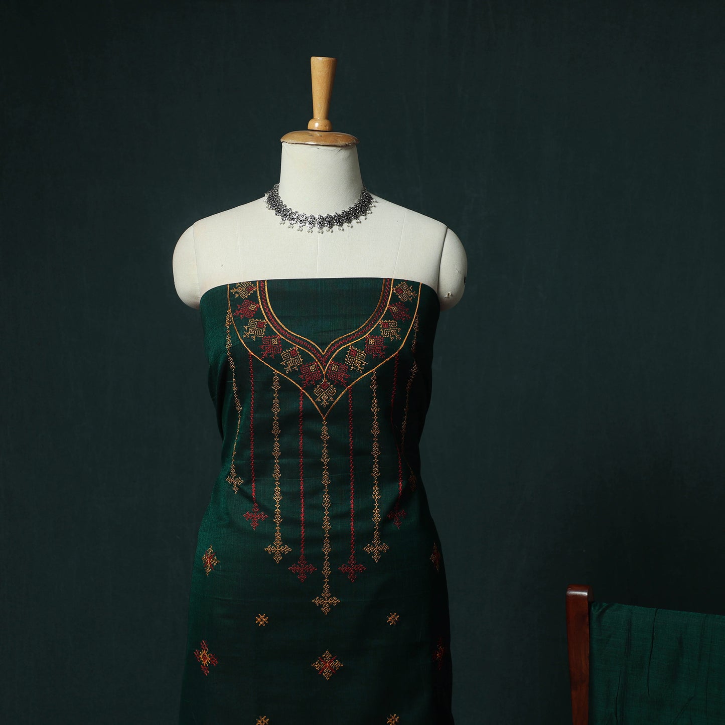 Green - Ilkal Kasuti Embroidery Cotton 3pc Unstitched Dress Material Suit Set 26