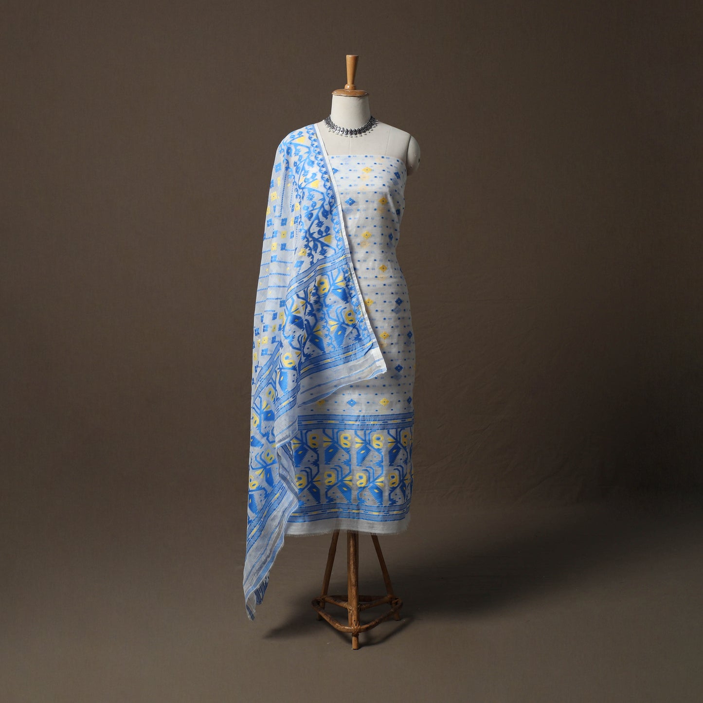 Phulia Jamdani Silk Cotton 2pc Unstitched Dress Material Kurta Set 09