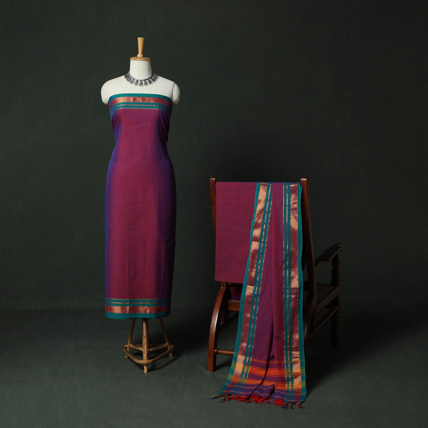 Purple - Dharwad Cotton 3pc Unstitched Dress Material Suit Set with Woven Zari Border 10