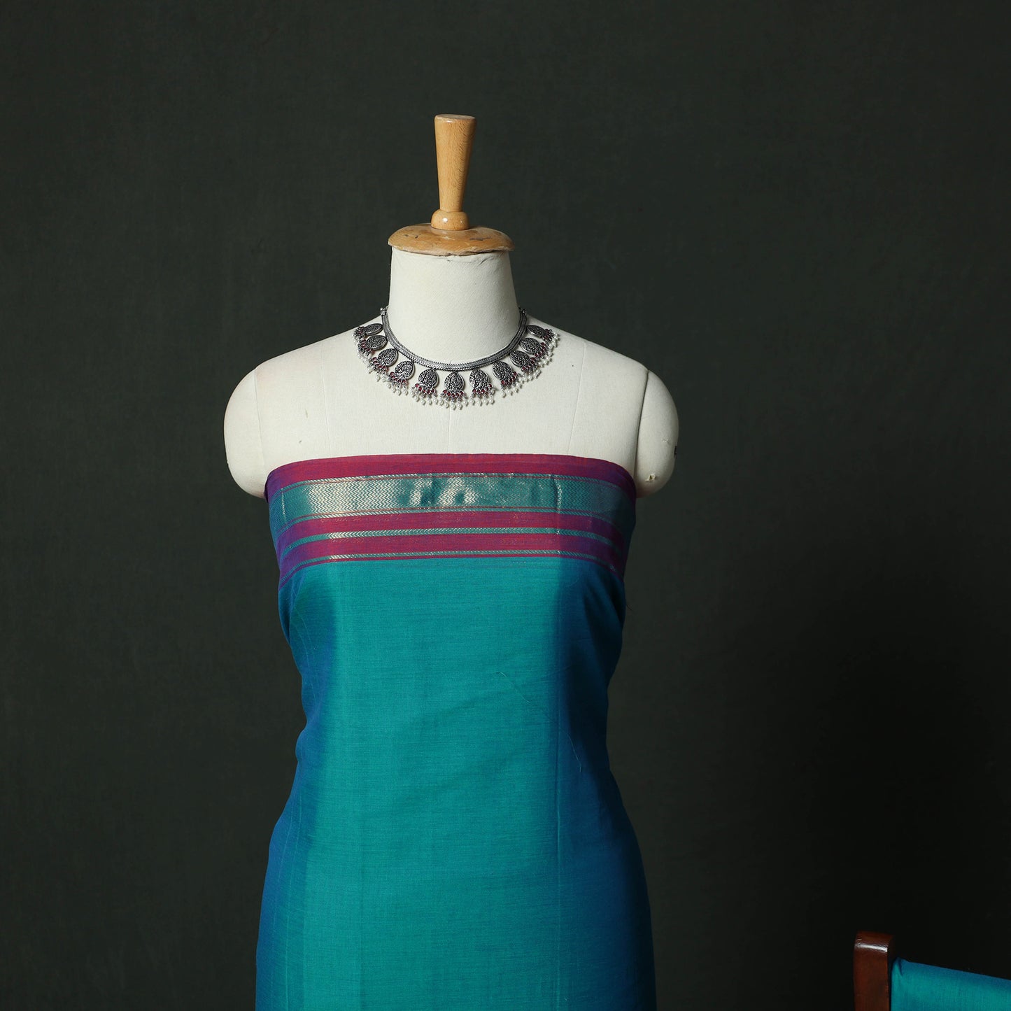 Blue - Dharwad Cotton 3pc Unstitched Dress Material Suit Set with Woven Zari Border 11