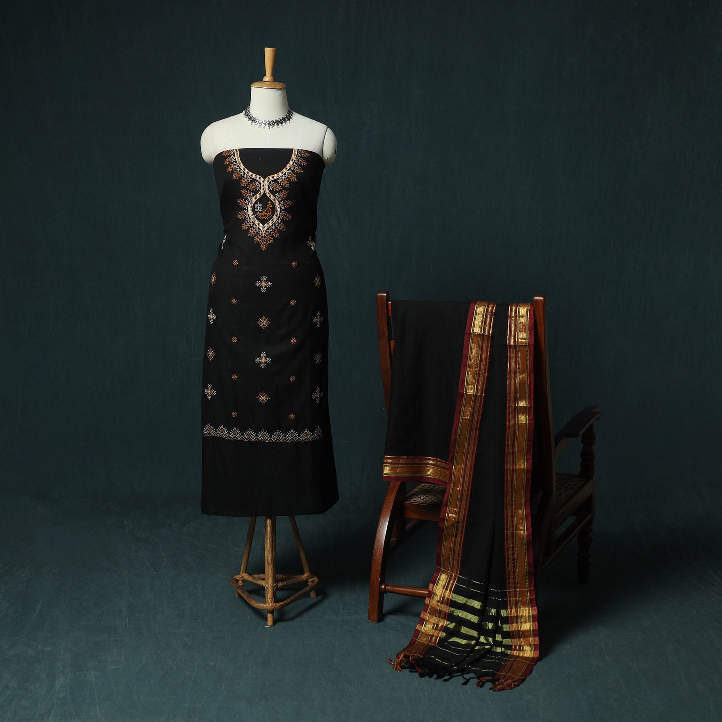 Black - Ilkal Kasuti Embroidery Cotton 3pc Unstitched Dress Material Suit Set 31