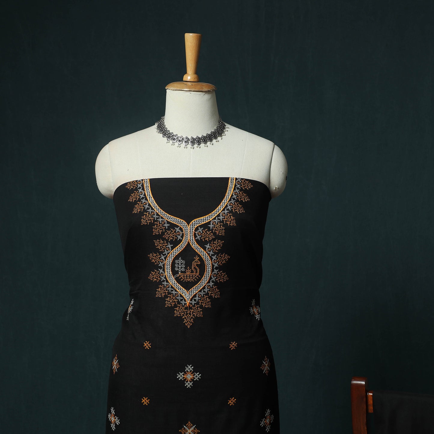 Black - Ilkal Kasuti Embroidery Cotton 3pc Unstitched Dress Material Suit Set 31