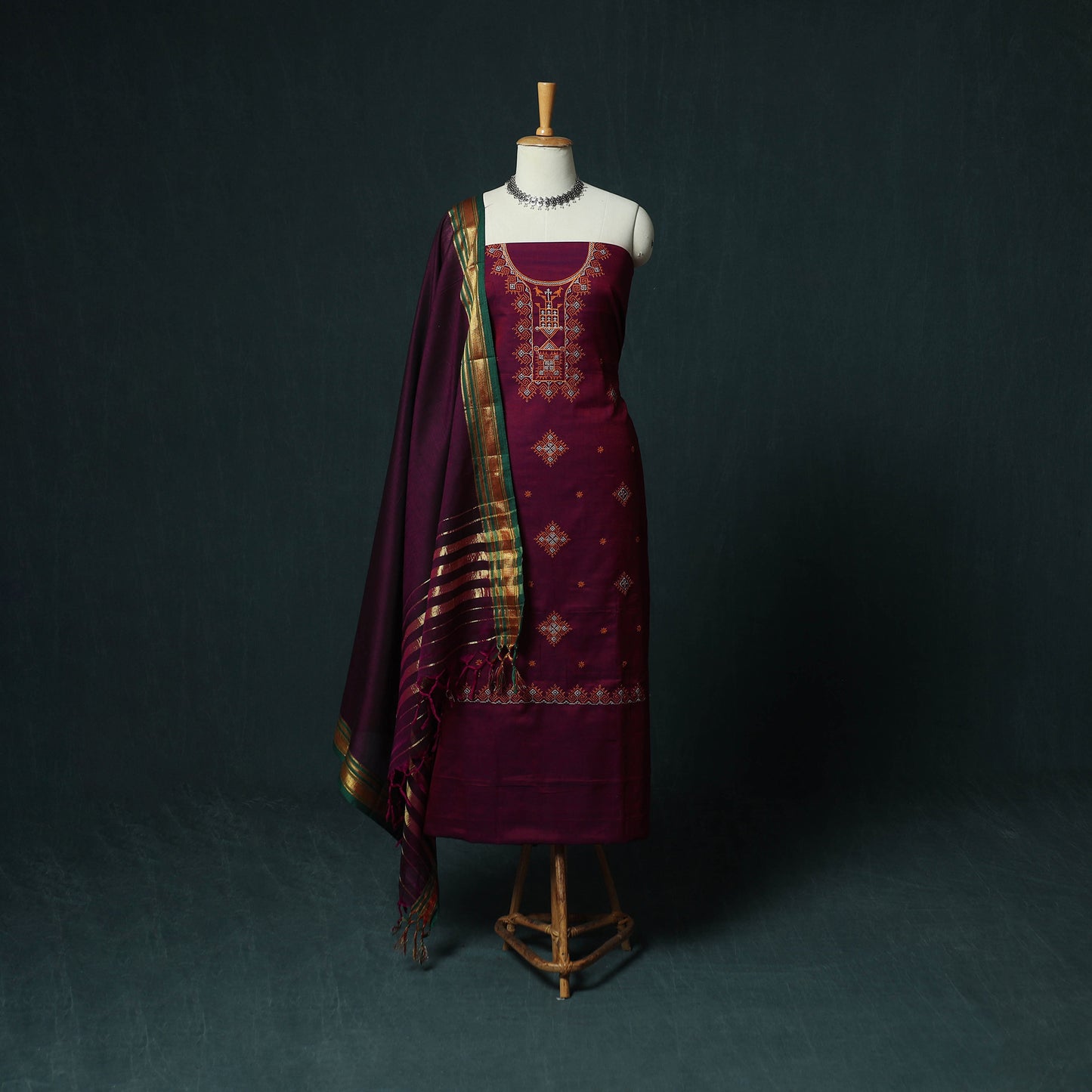 Purple - Ilkal Kasuti Embroidery Cotton 3pc Unstitched Dress Material Suit Set 34