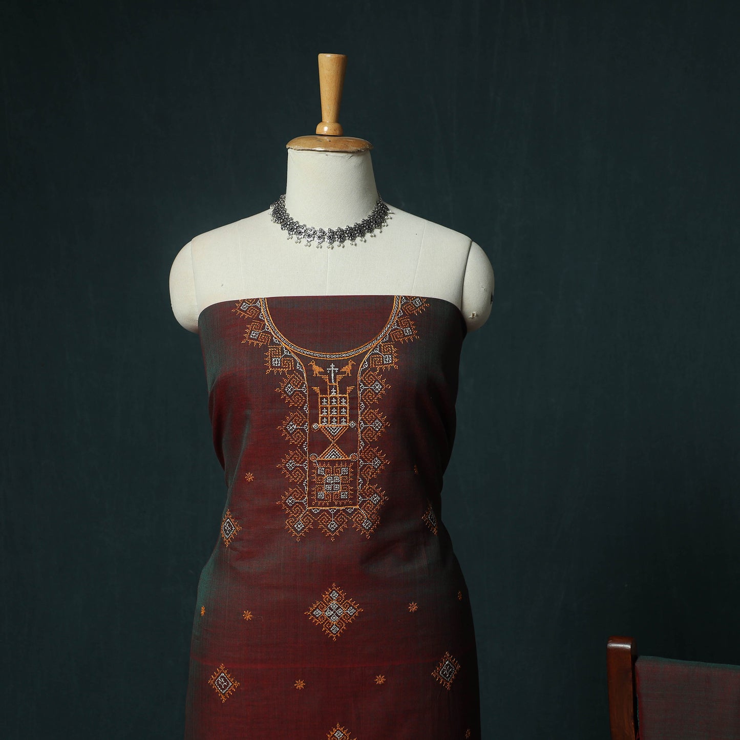 Maroon - Ilkal Kasuti Embroidery Cotton 3pc Unstitched Dress Material Suit Set 35