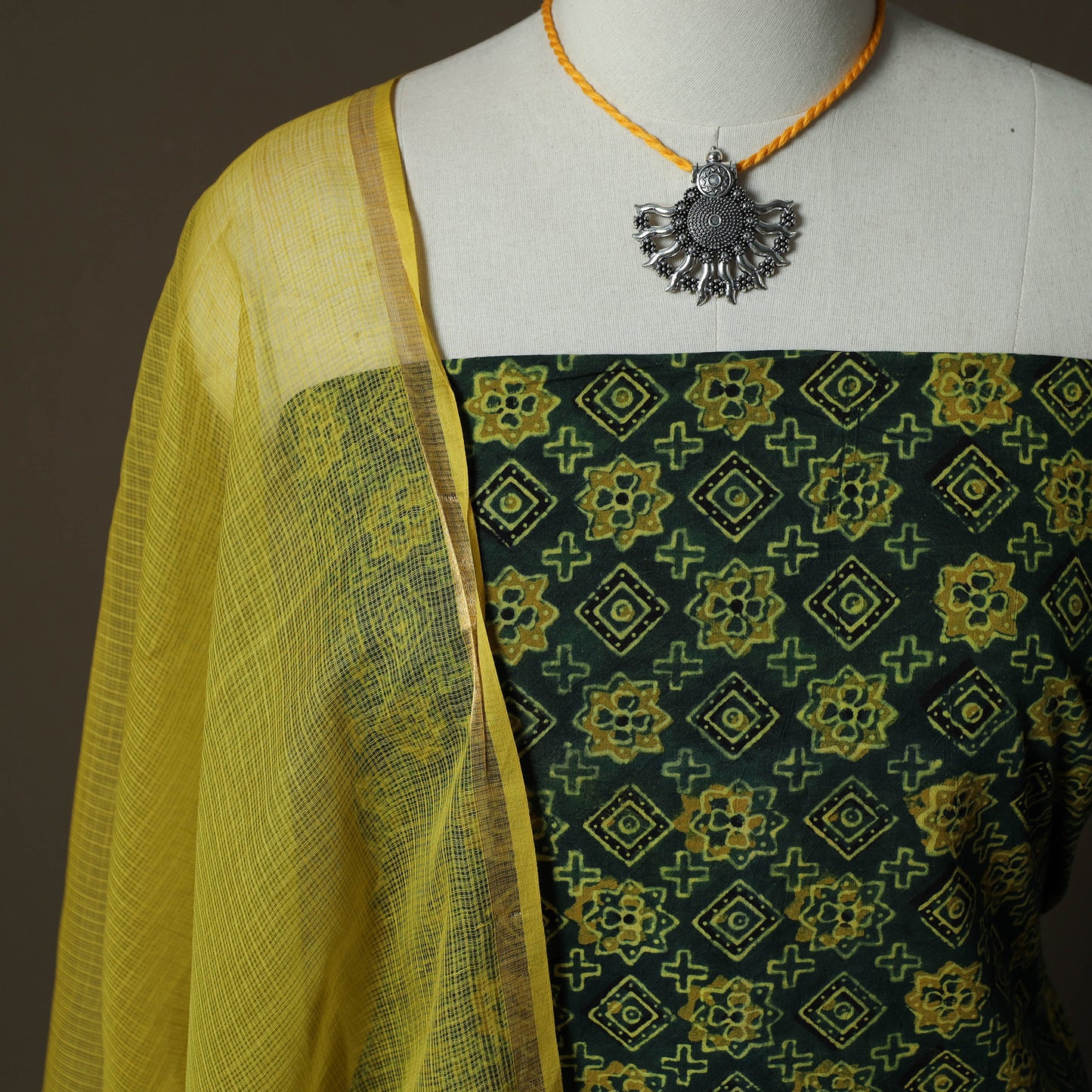 Ajrakh Hand Block Print Natural Dyed 2pc Cotton Unstitched Dress Material Kurta Set with Jewellery 02