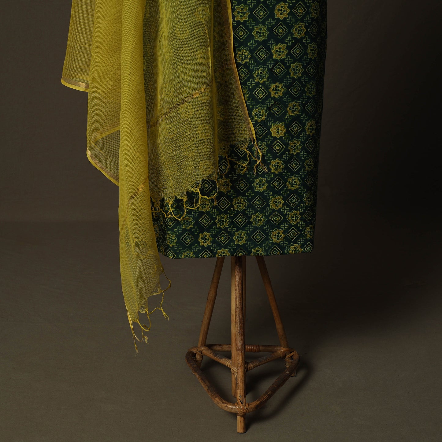 Ajrakh Hand Block Print Natural Dyed 2pc Cotton Unstitched Dress Material Kurta Set with Jewellery 02