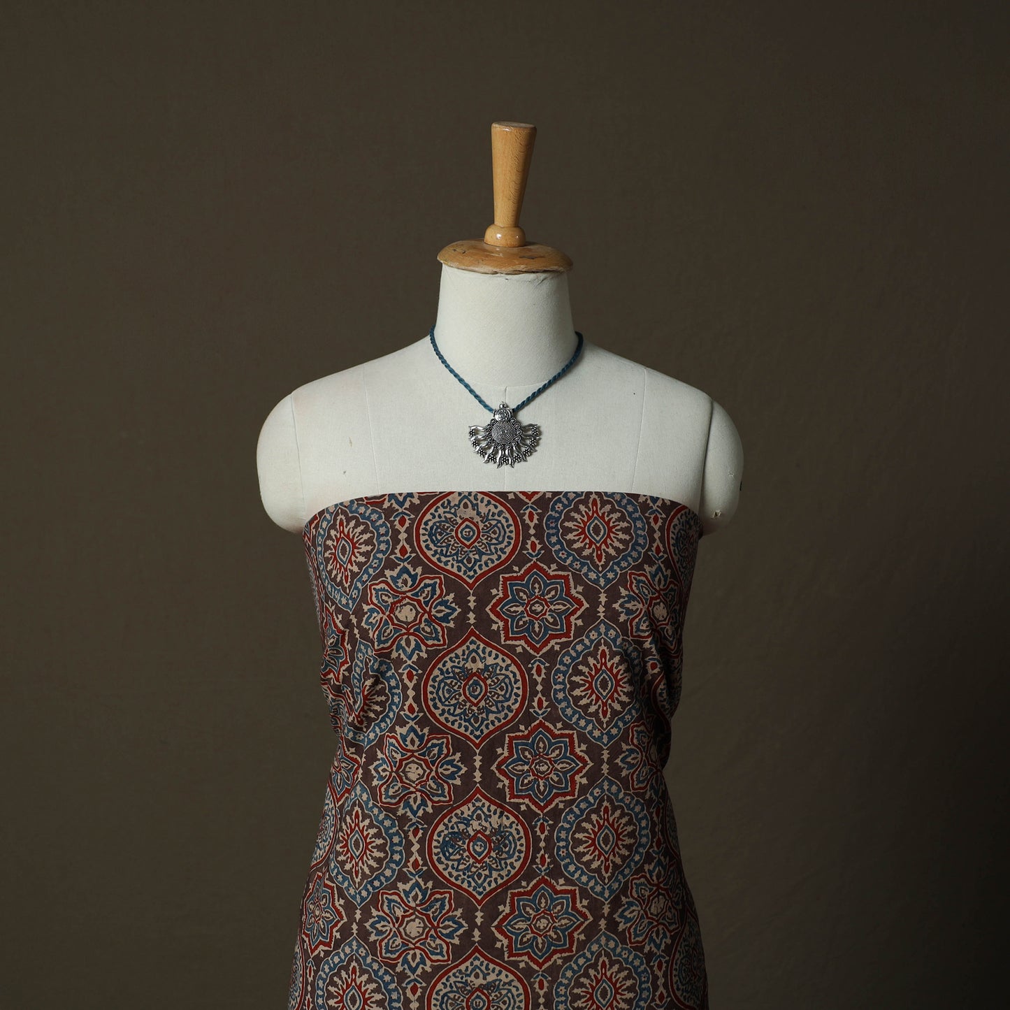 Ajrakh Hand Block Print Natural Dyed 2pc Cotton Unstitched Dress Material Kurta Set with Jewellery 03