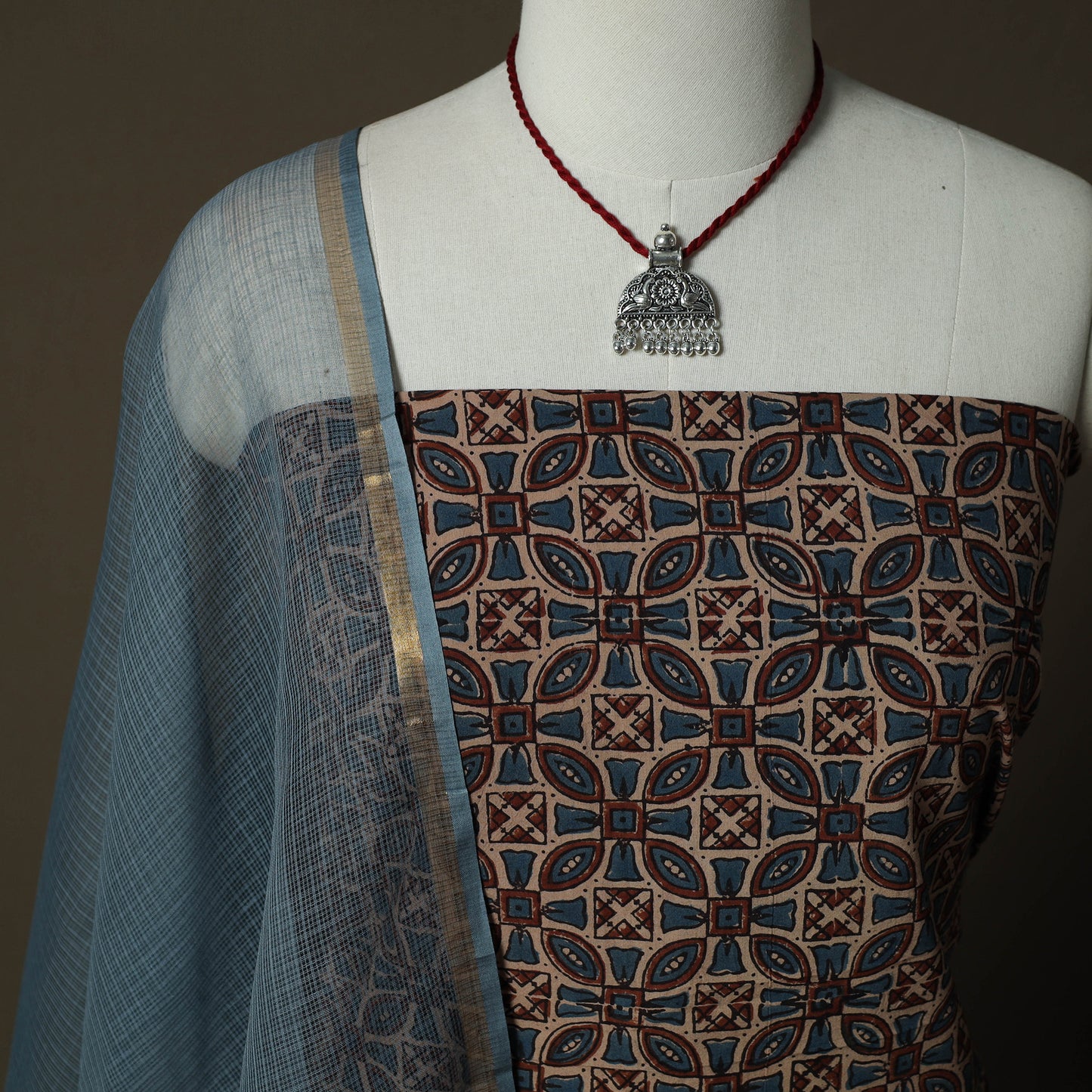 Ajrakh Hand Block Print Natural Dyed 2pc Cotton Unstitched Dress Material Kurta Set with Jewellery 05