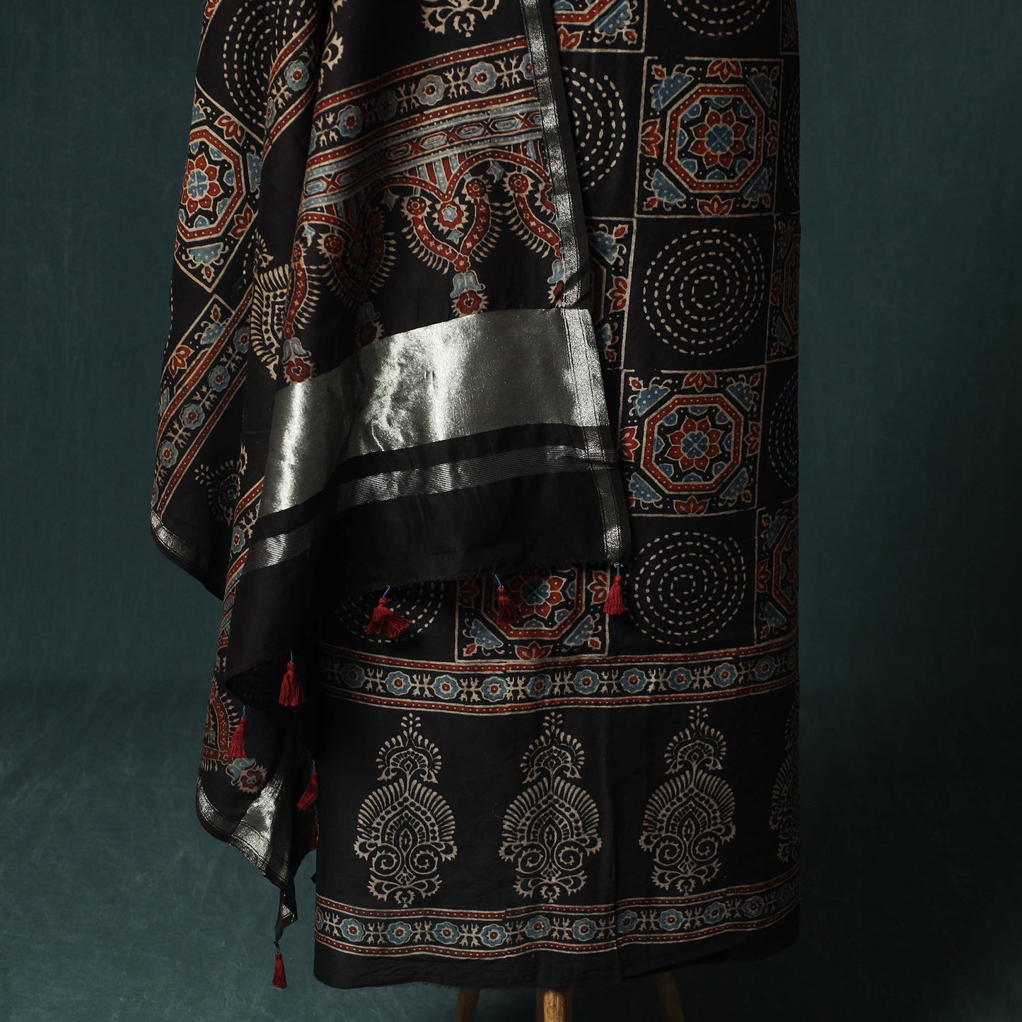 Black - Ajrakh Hand Block Print Chanderi Silk Natural Dyed 2pc Unstitched Dress Material Kurta Set 02