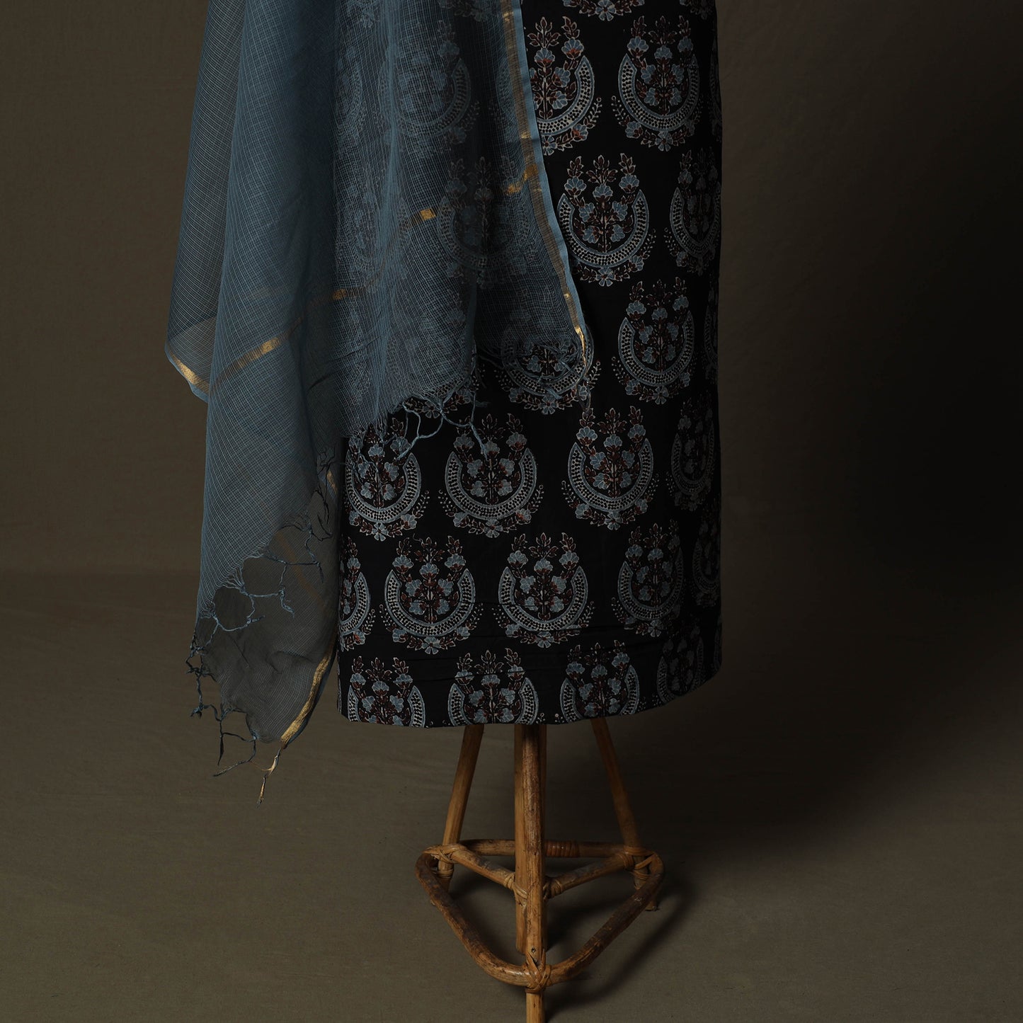 Ajrakh Hand Block Print Natural Dyed 2pc Cotton Unstitched Dress Material Kurta Set with Jewellery 06