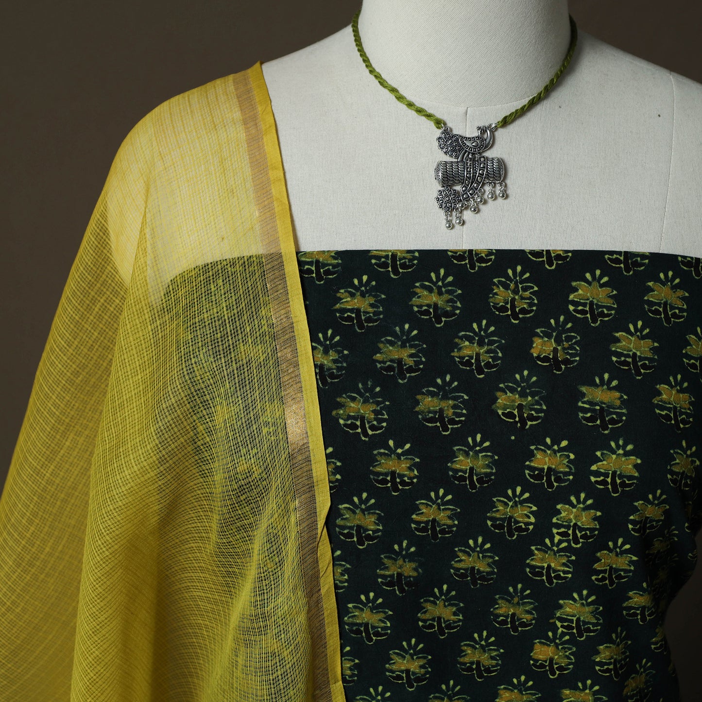 Ajrakh Hand Block Print Natural Dyed 2pc Cotton Unstitched Dress Material Kurta Set with Jewellery 07