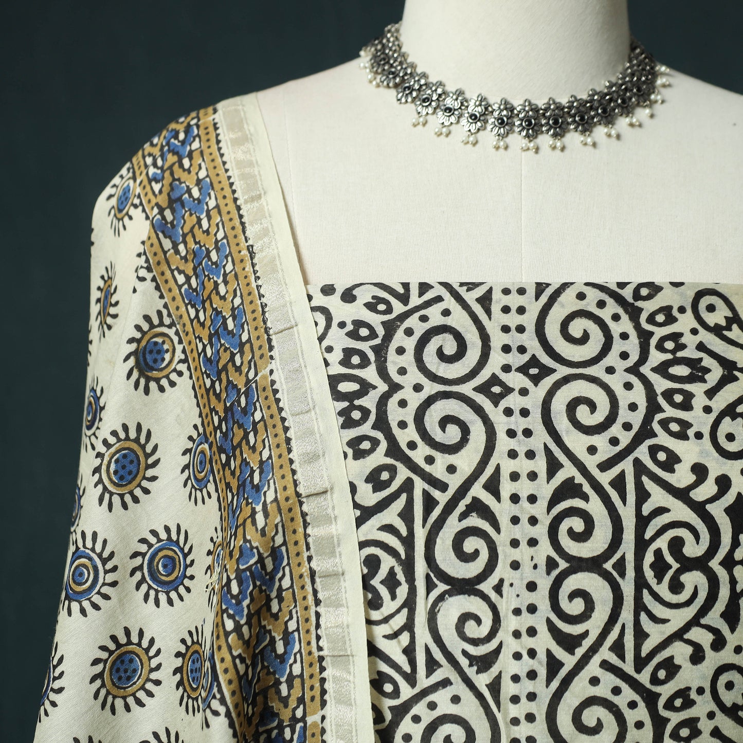 Beige - Ajrakh Hand Block Print Chanderi Silk Natural Dyed 2pc Unstitched Dress Material Kurta Set 05
