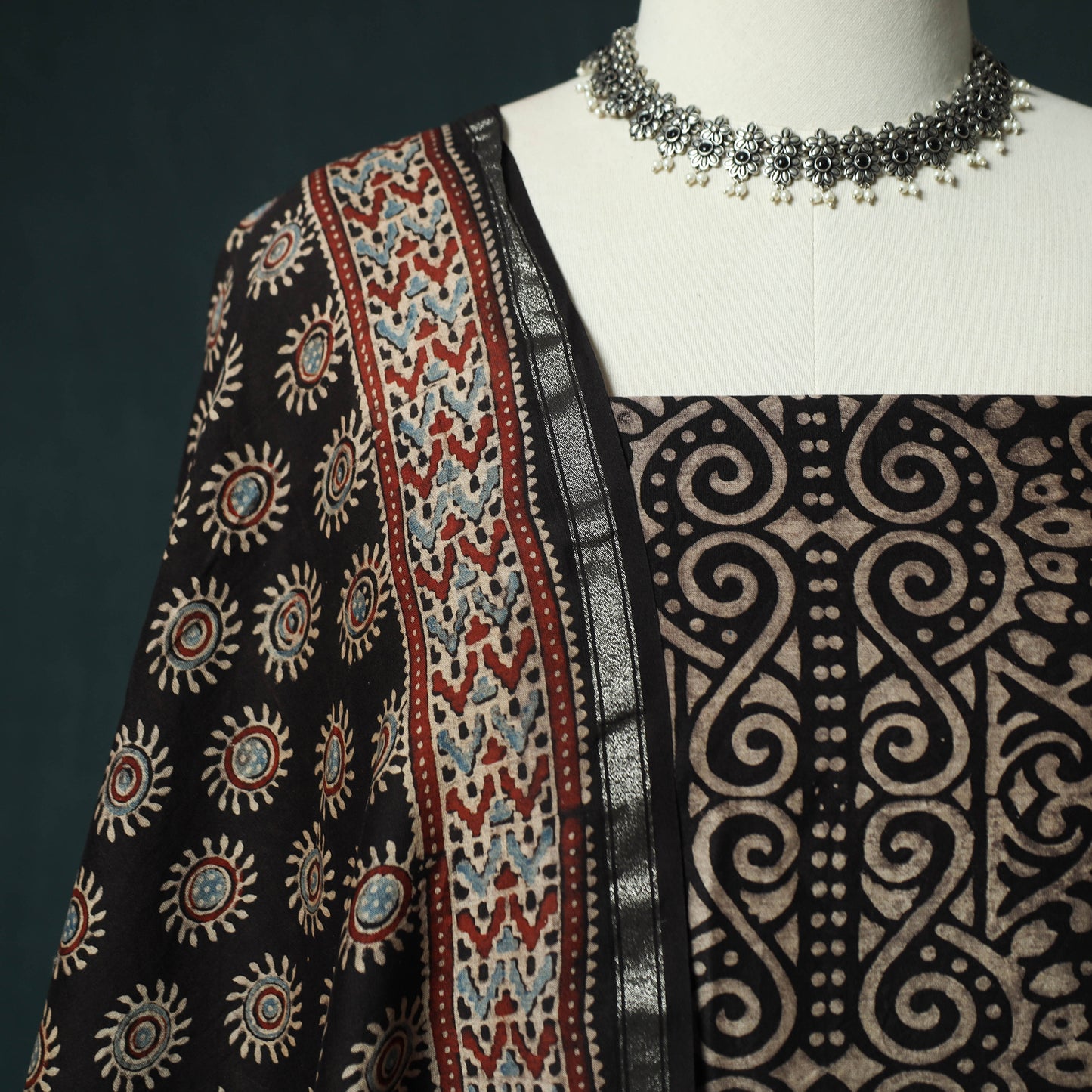 Black - Ajrakh Hand Block Print Chanderi Silk Natural Dyed 2pc Unstitched Dress Material Kurta Set 06