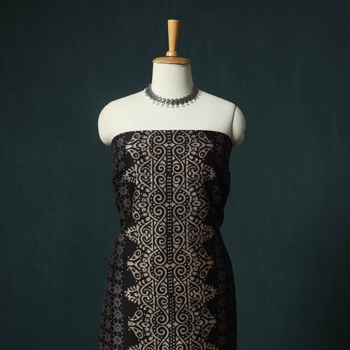 Black - Ajrakh Hand Block Print Chanderi Silk Natural Dyed 2pc Unstitched Dress Material Kurta Set 06