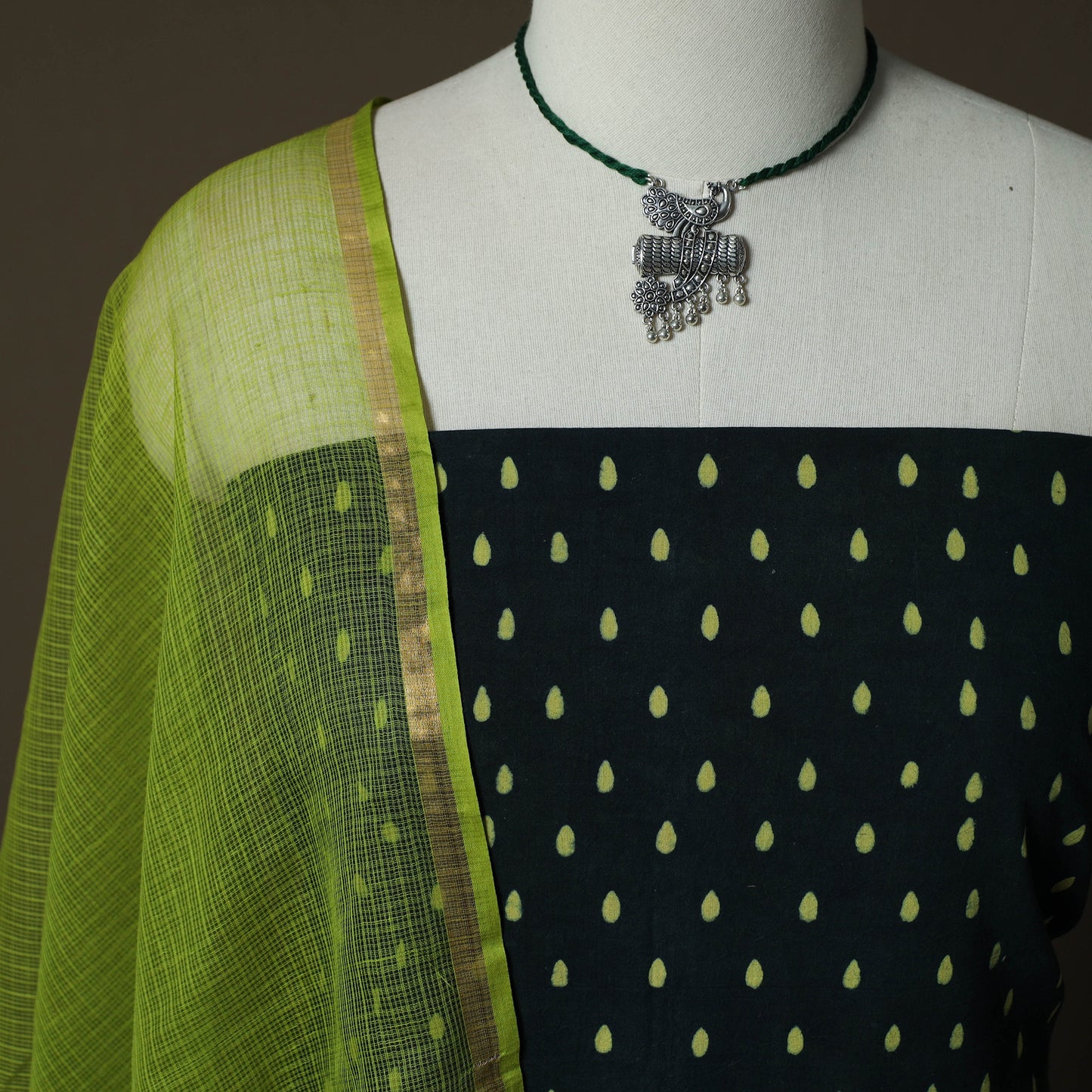 Ajrakh Hand Block Print Natural Dyed 2pc Cotton Unstitched Dress Material Kurta Set with Jewellery 11