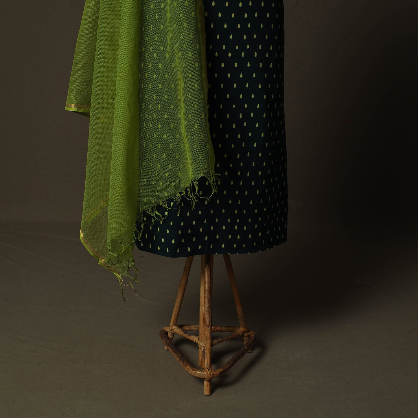 Ajrakh Hand Block Print Natural Dyed 2pc Cotton Unstitched Dress Material Kurta Set with Jewellery 11