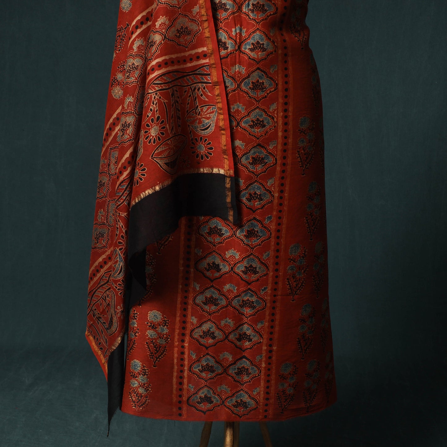 Red - Ajrakh Hand Block Print Chanderi Silk Natural Dyed 2pc Unstitched Dress Material Kurta Set 09